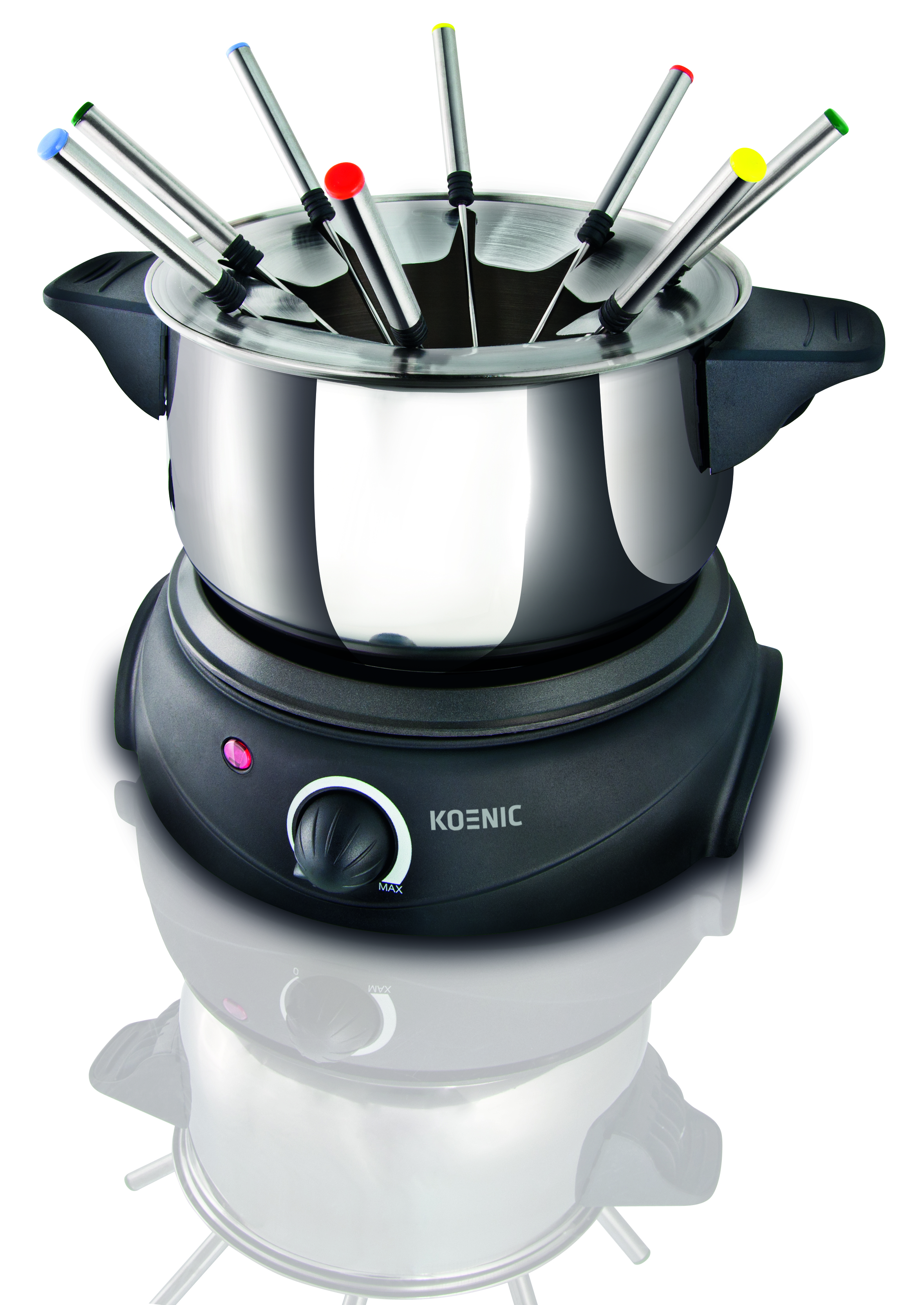 Zestaw do fondue z czarną podstawą i garnkiem ze stali nierdzewnej. Wiele widelczyków do fondue z kolorowymi końcówkami.