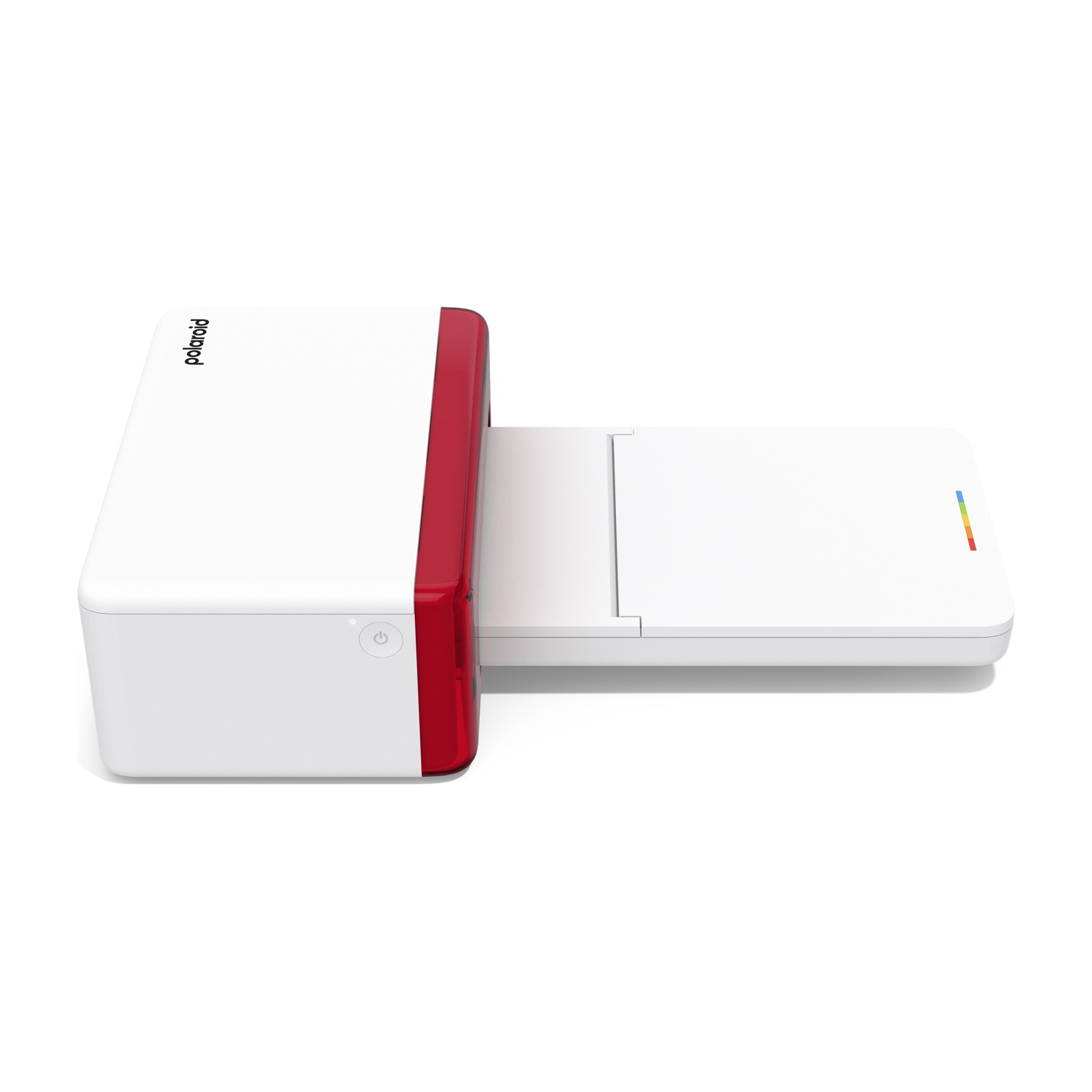 Una stampante Polaroid bianca e rossa, con un vassoio esteso e un indicatore arcobaleno.