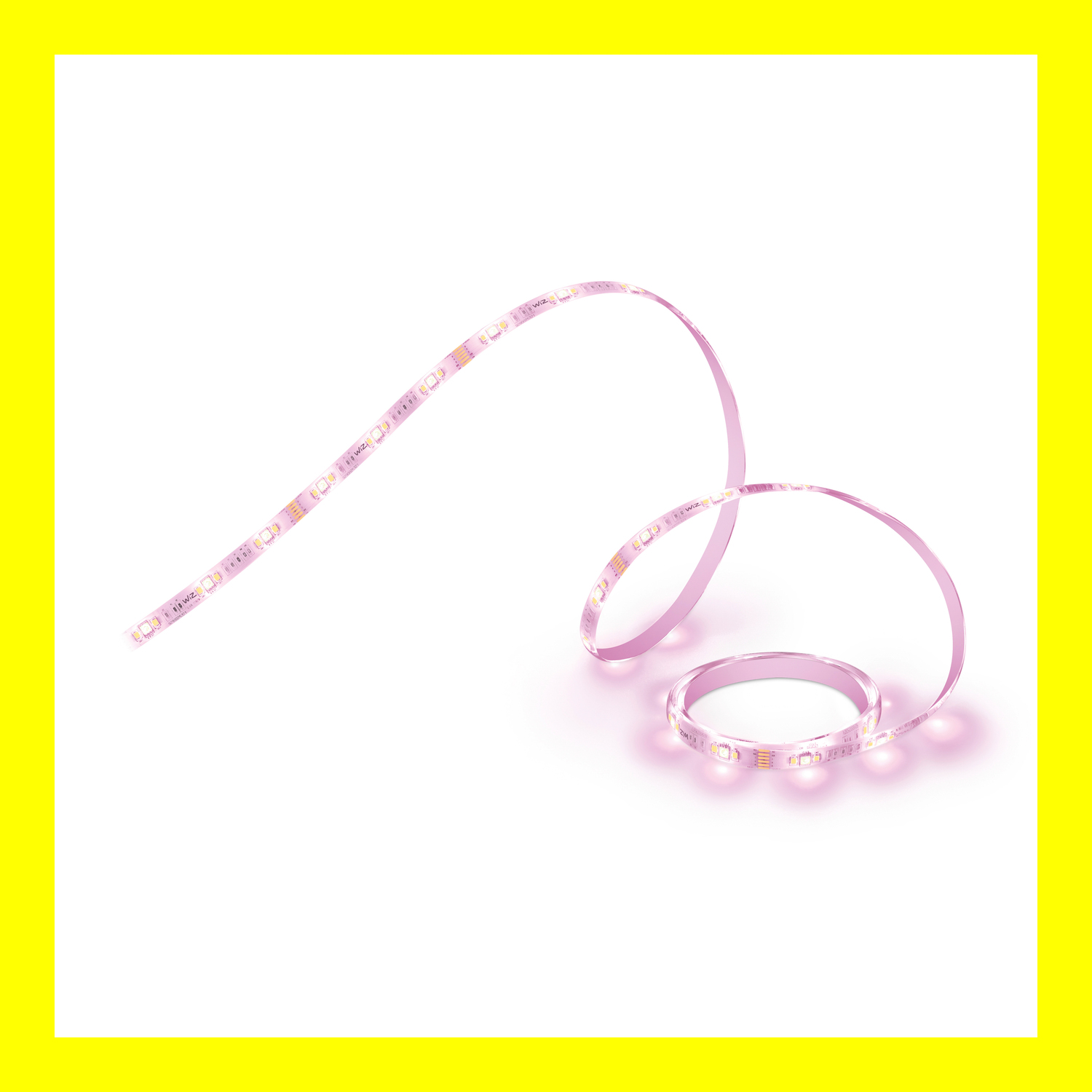 Een roze LED-strip met lampjes wordt weergegeven tegen een witte achtergrond in een gele rand.