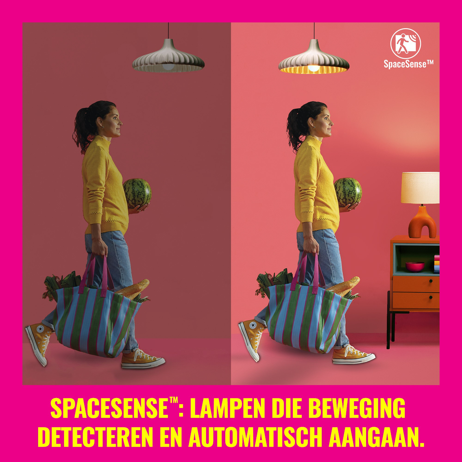 Vrouw loopt met tas, twee scènes met verlichting, lamp in beide.
