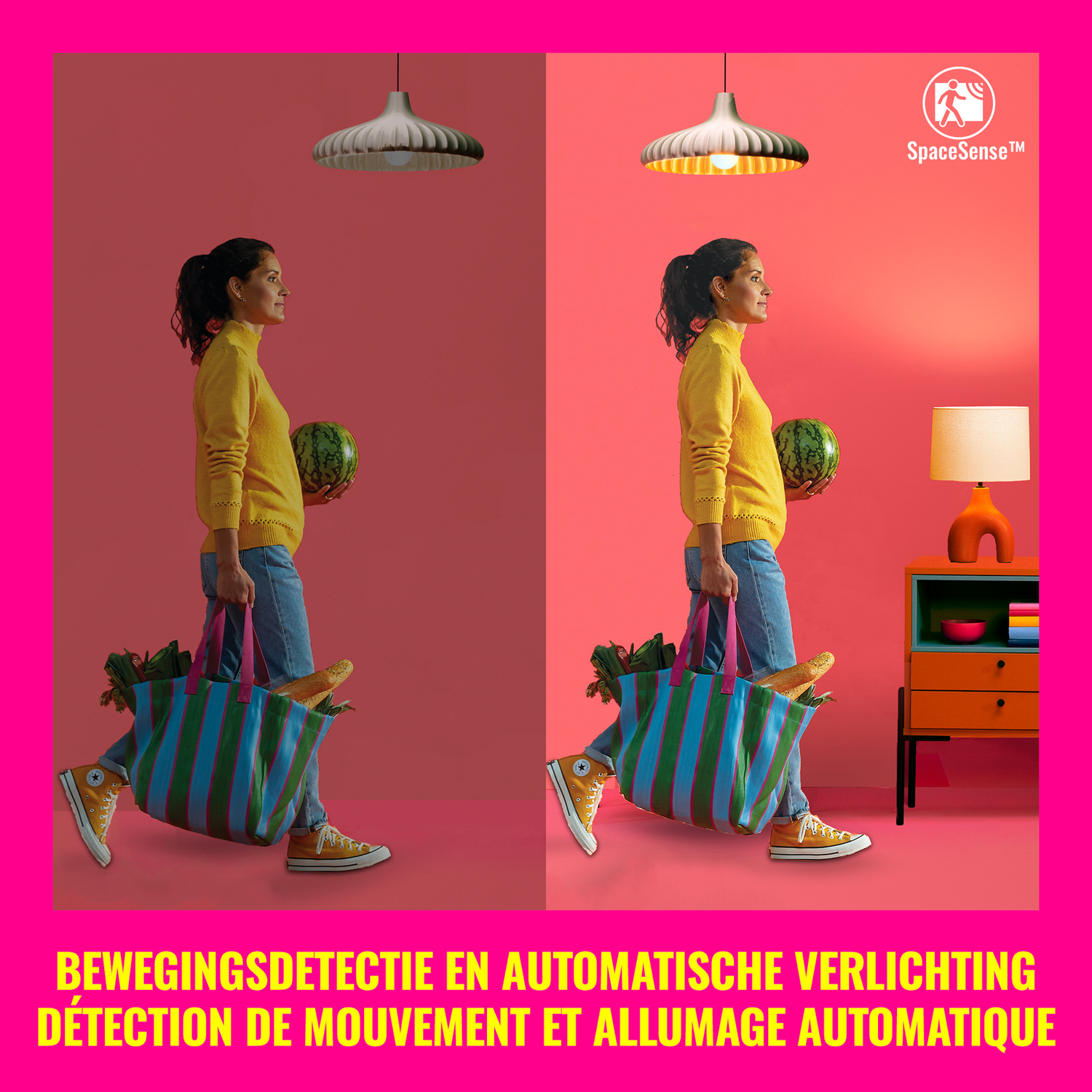 Deux images d'une femme, une faiblement éclairée, l'autre brillamment, avec des courses.