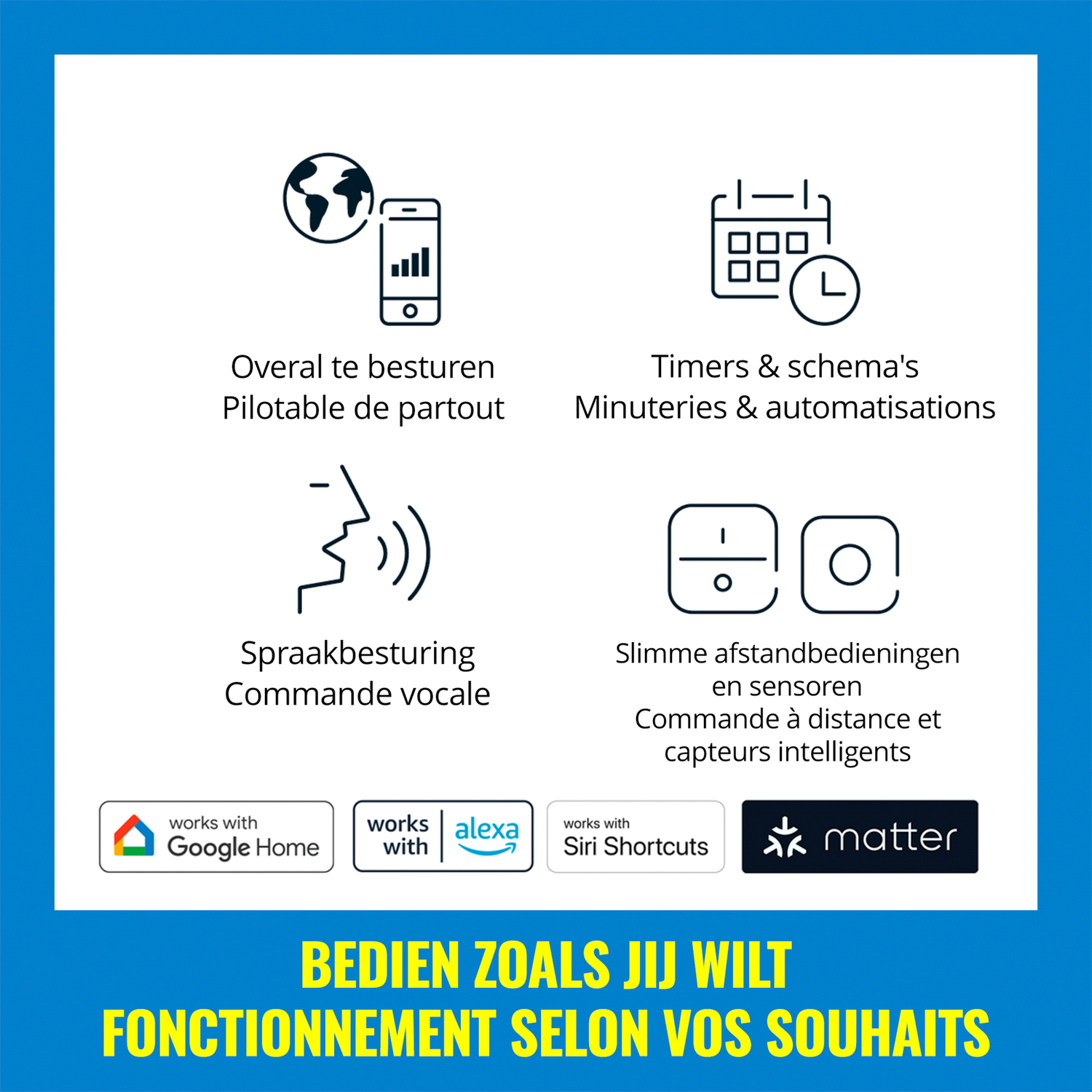 Image bleue avec icônes et texte néerlandais, dont un globe et un smartphone. En bas: "BEDIEN ZOALS JIJ WILT"