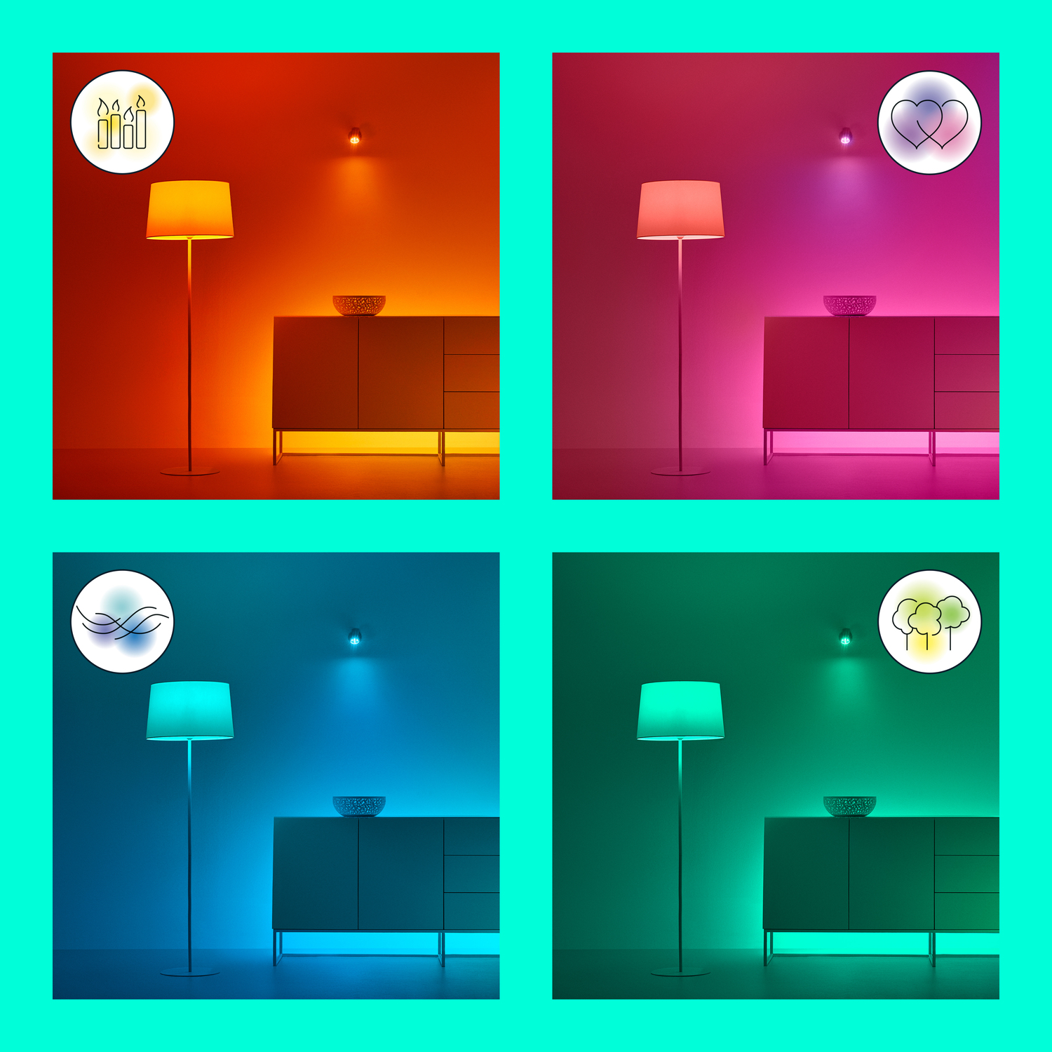 Quatre images d'une pièce avec une lampe et une console. Chacune a un éclairage coloré différent.
