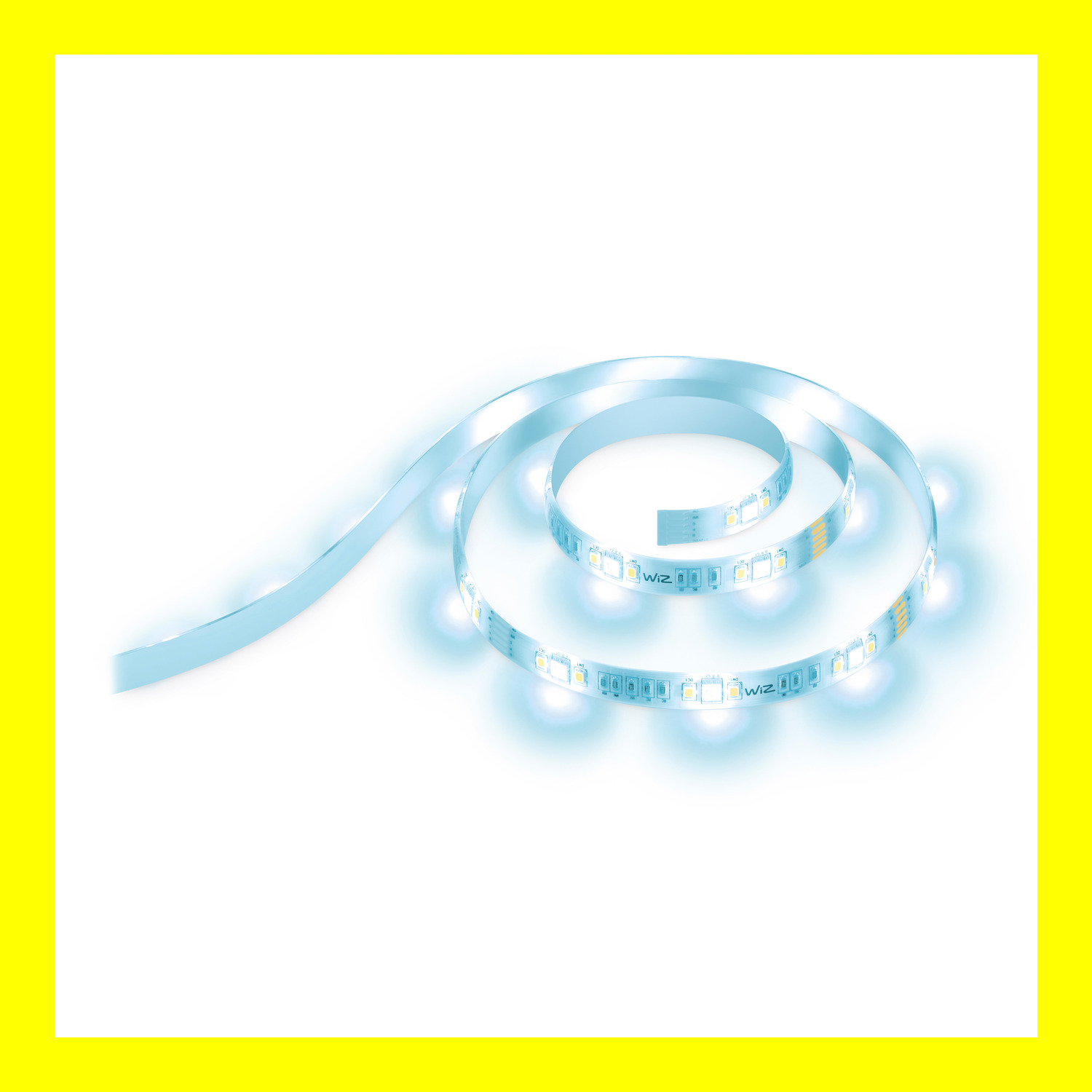 Coiled blue LED light strip inside a yellow rectangle border.