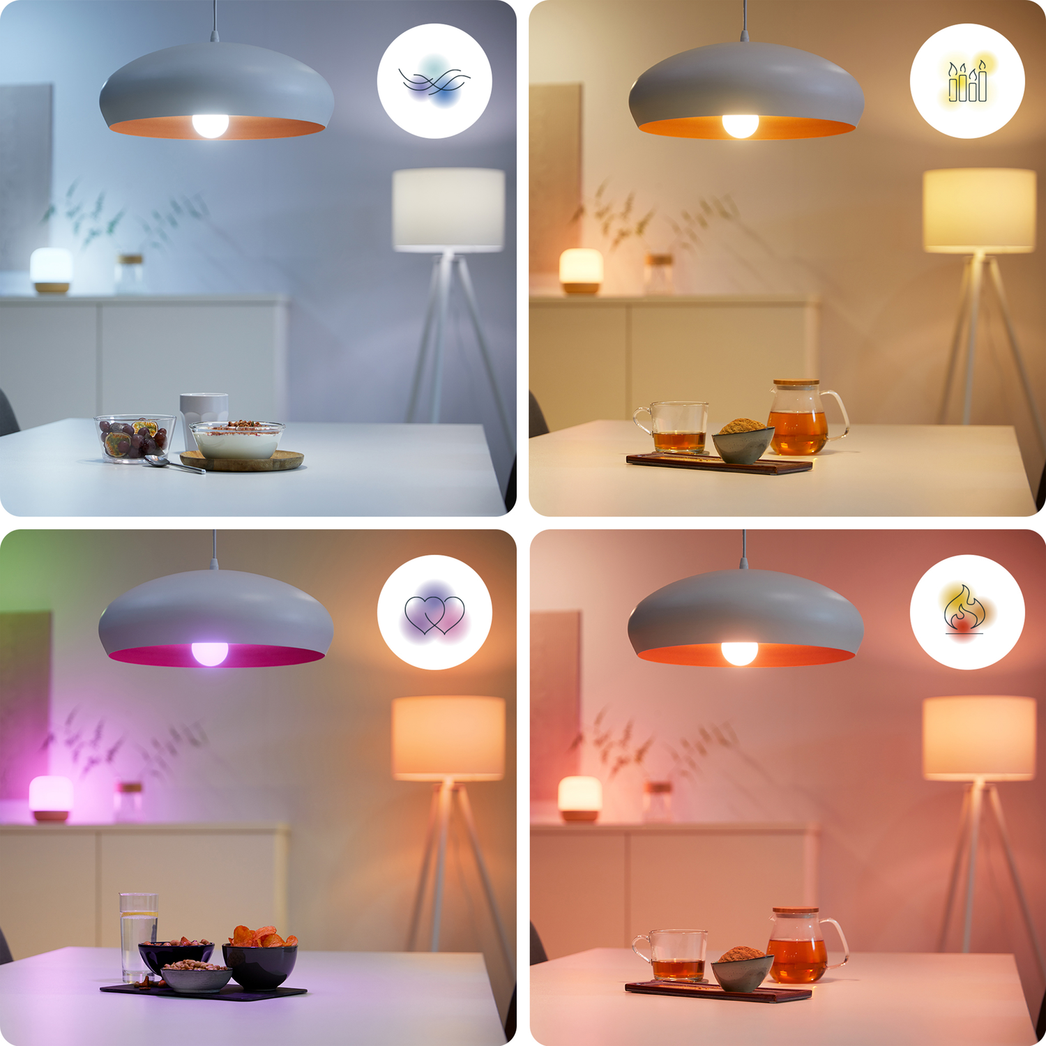 Four images of a room with pendant lights. Each shows different light colors.