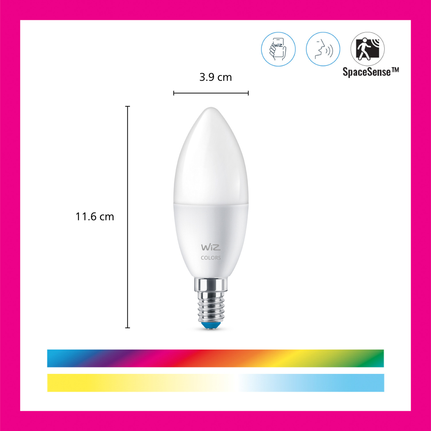 A white Wiz Colors lightbulb with dimensions and a color spectrum bar.
