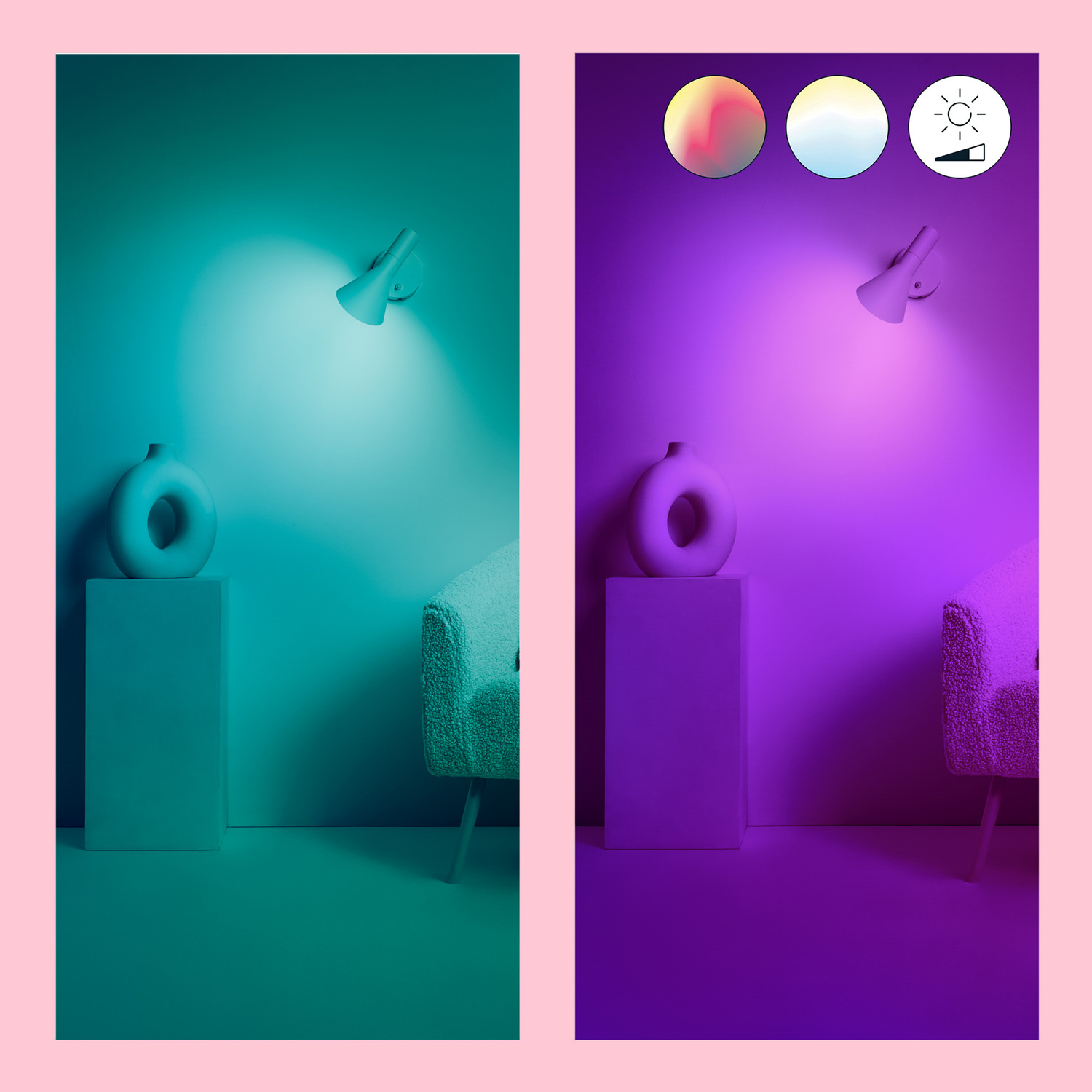 Two images of a room with a white wall lamp, a vase, a pedestal, and a chair.