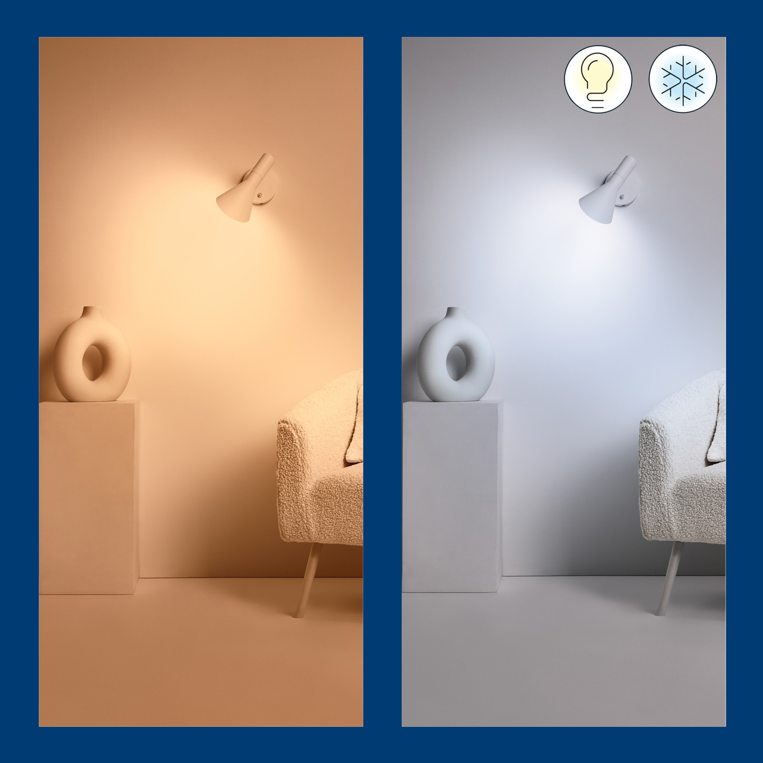 Two images: a room lit by warm light and a room lit by cool white light.