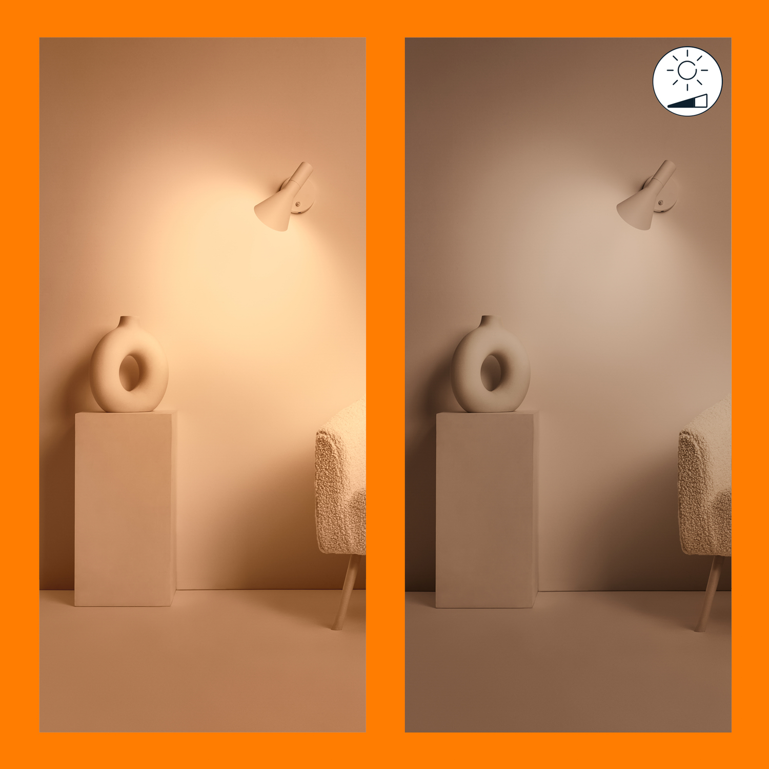 Deux images adjacentes, l'une avec une lumière chaude et l'autre avec une lumière neutre. Chacune montre un vase et une chaise.