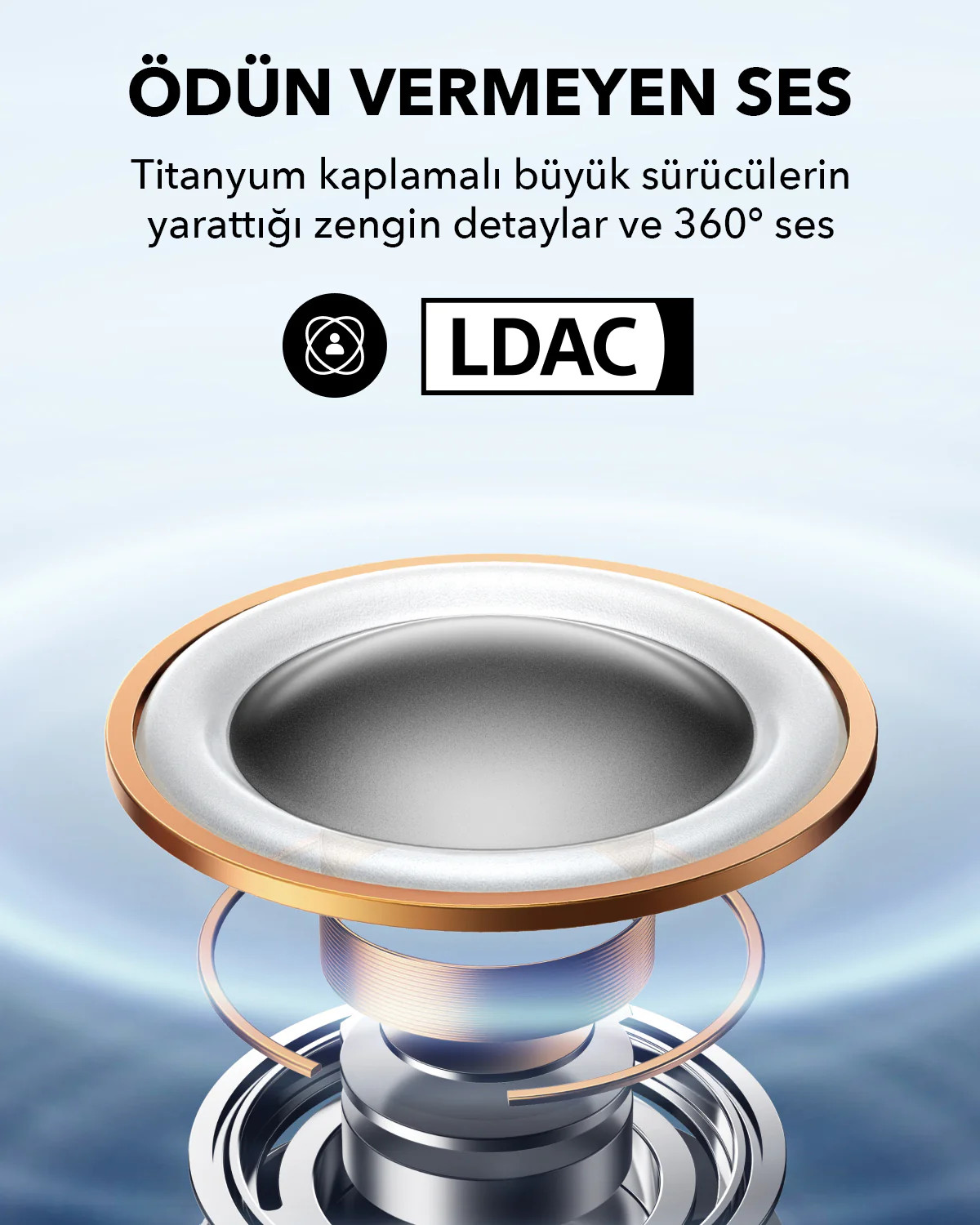 Hoparlör bileşeninin yakın çekimi, LDAC logosunu ve özellikleri vurguluyor.
