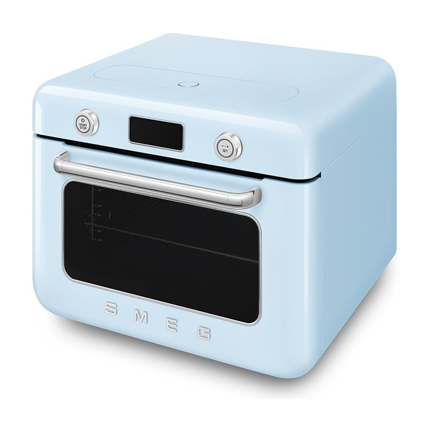 Un forno azzurro in stile retrò con porta nera e maniglia argentata.