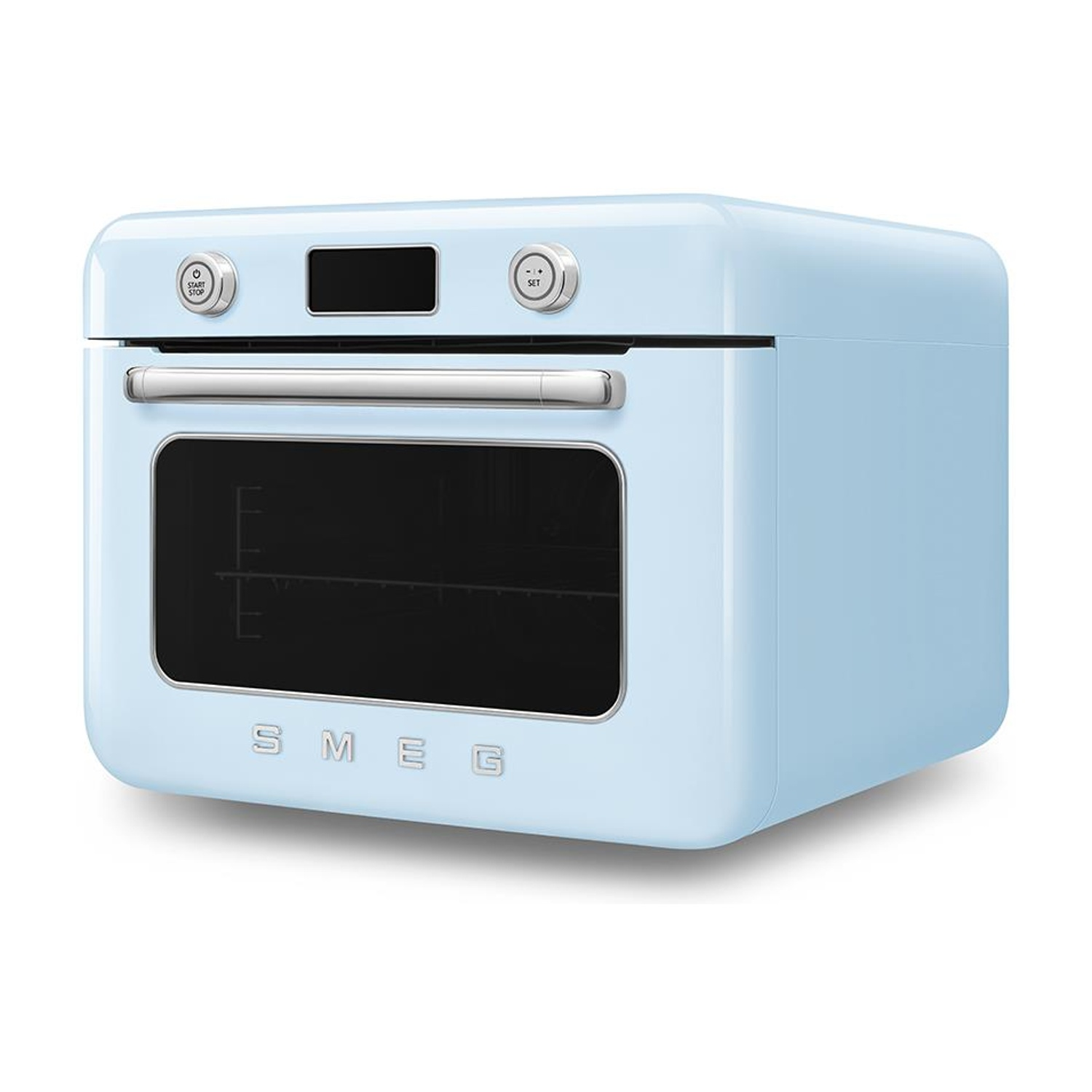 Un forno azzurro con design retrò. Ha pulsanti e un display digitale. Il marchio SMEG.