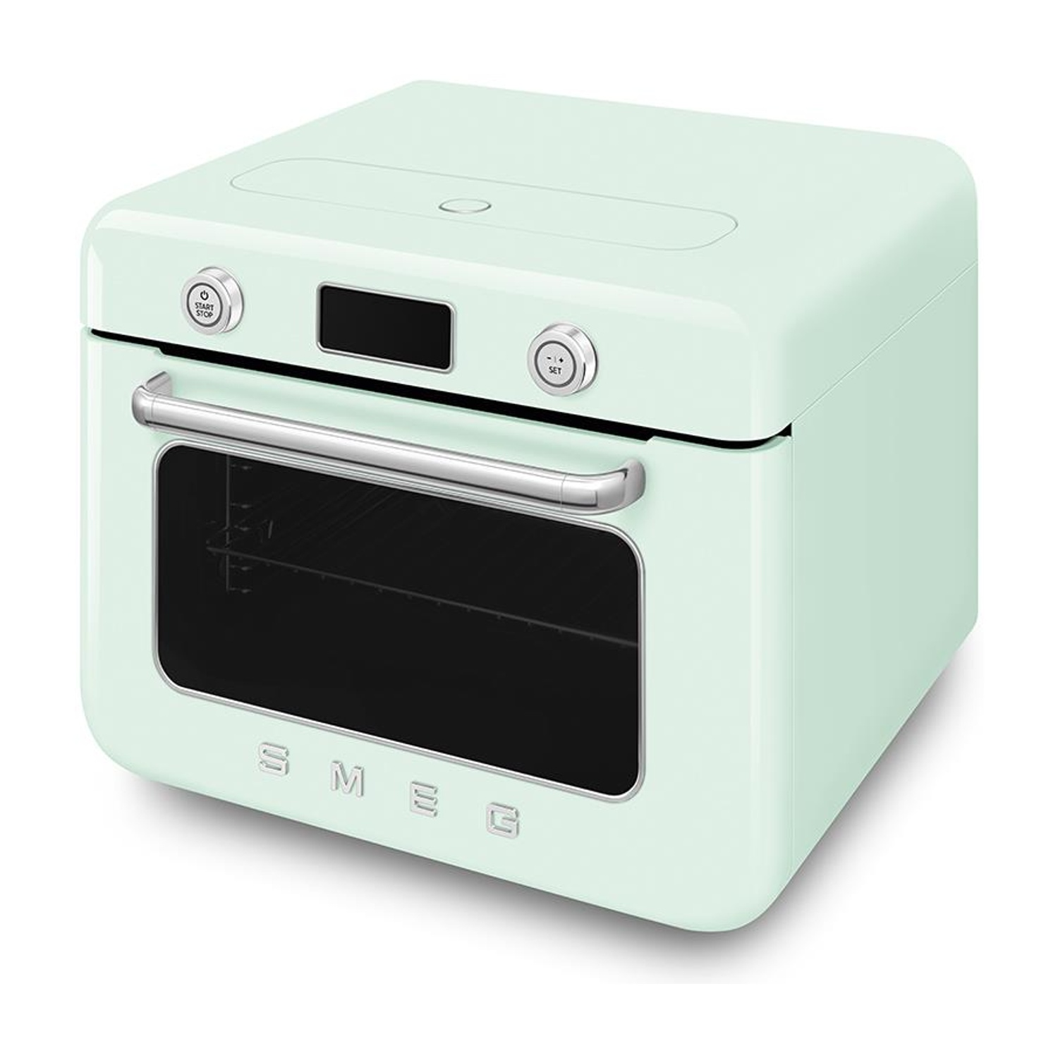 Un forno SMEG verde menta su sfondo bianco. Ha bottoni e una maniglia.