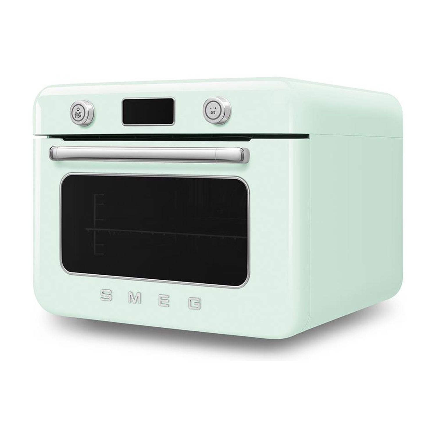 Un forno Smeg verde menta su sfondo bianco. Ha comandi e una finestra.