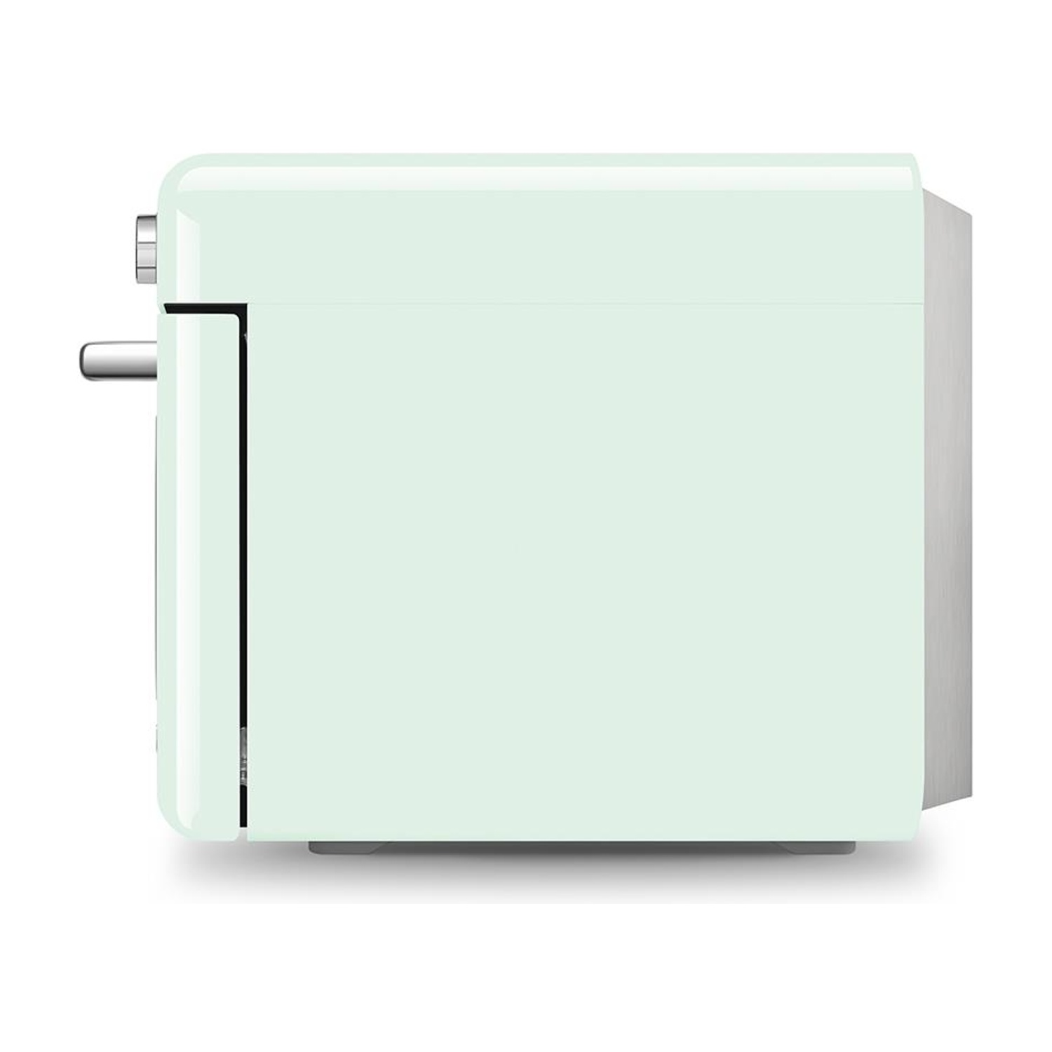 Forno verde menta con maniglia argentata. Il forno è visto di lato.