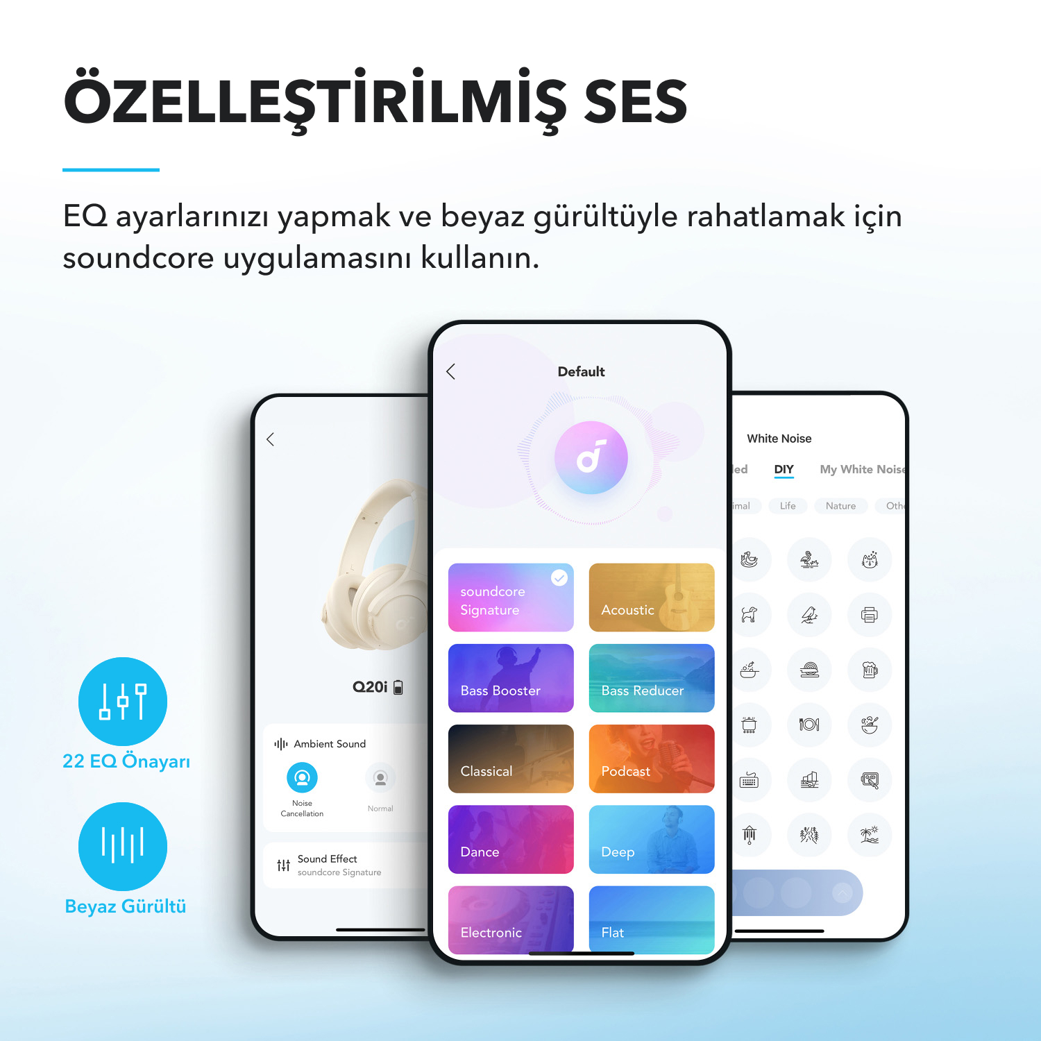 Farklı ses ayarlarına sahip üç akıllı telefon. soundcore imzası, bas güçlendirici ve diğer ayarları gösterir.