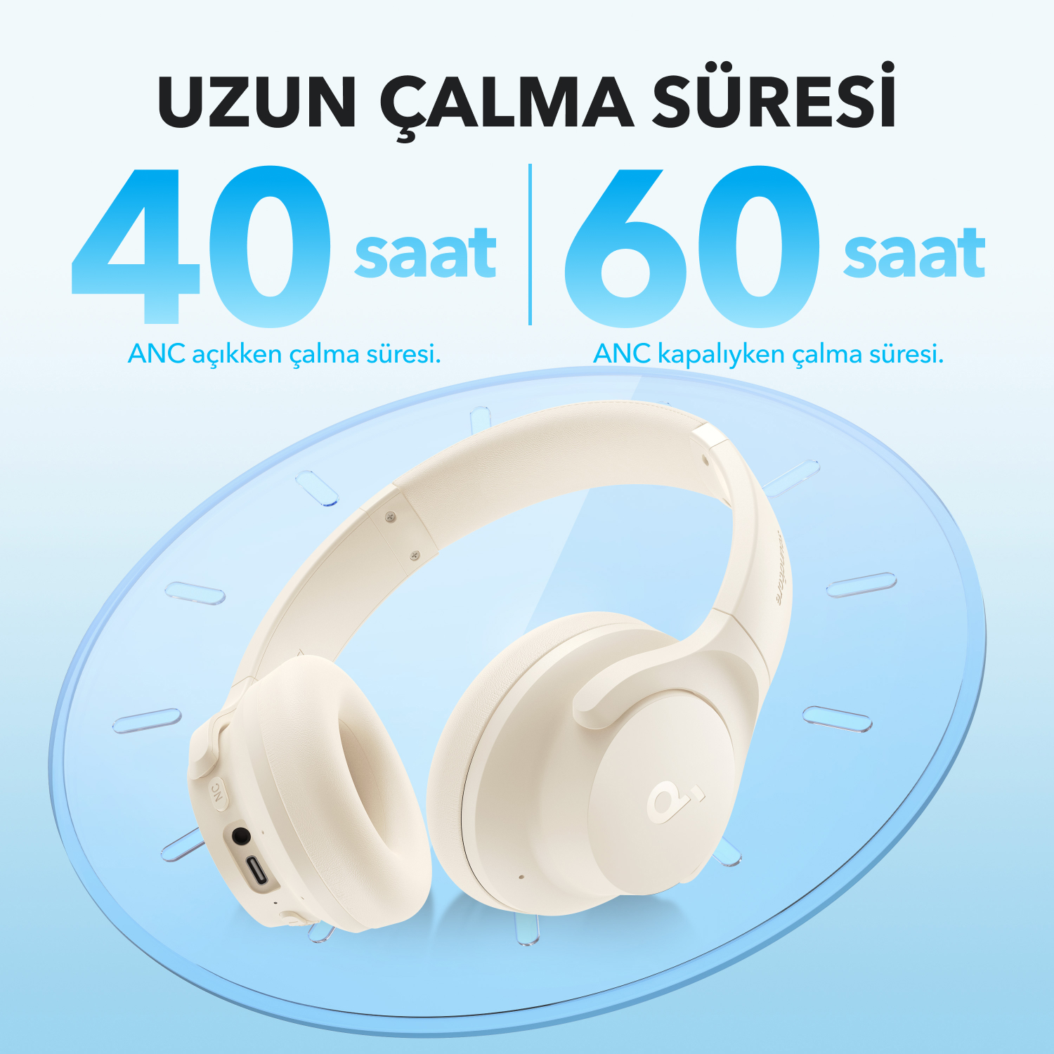 Mavi arka plan üzerinde beyazımsı kablosuz kulaklıklar, metin: 40 saat, 60 saat.
