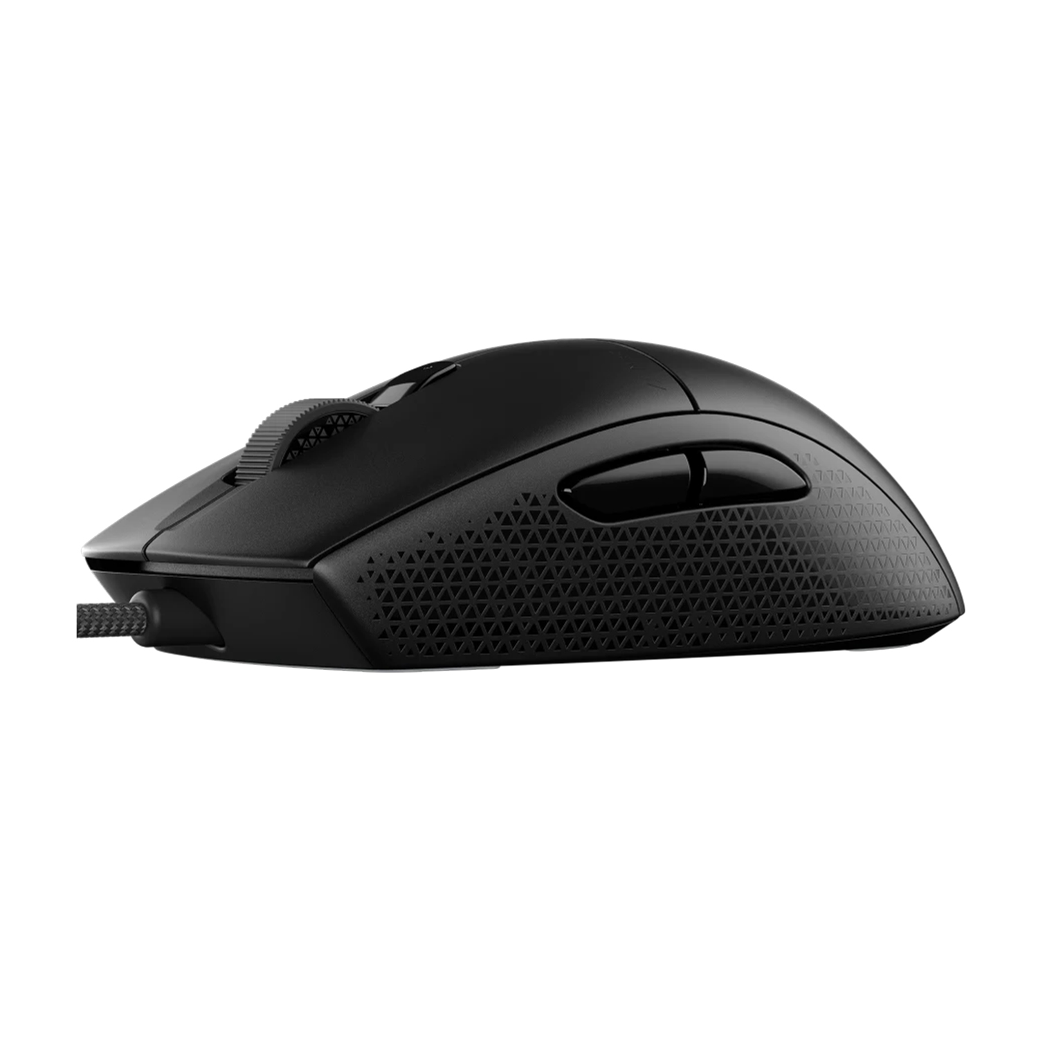 Mouse da gioco nero con impugnature laterali testurizzate e rotella di scorrimento. Sfondo bianco.