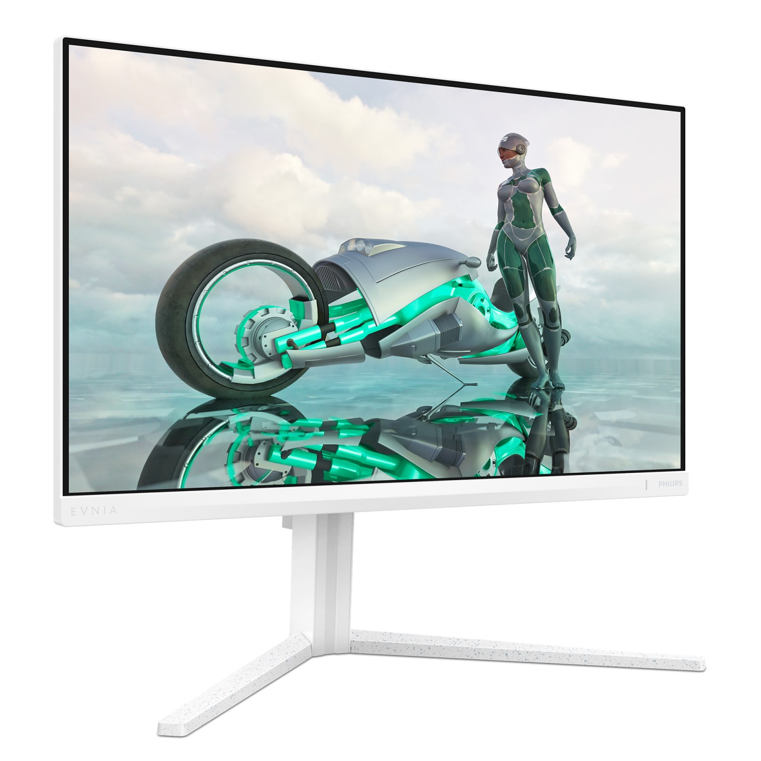 Ein Computermonitor, der eine futuristische Szene mit einem Motorrad und einer Frau zeigt.