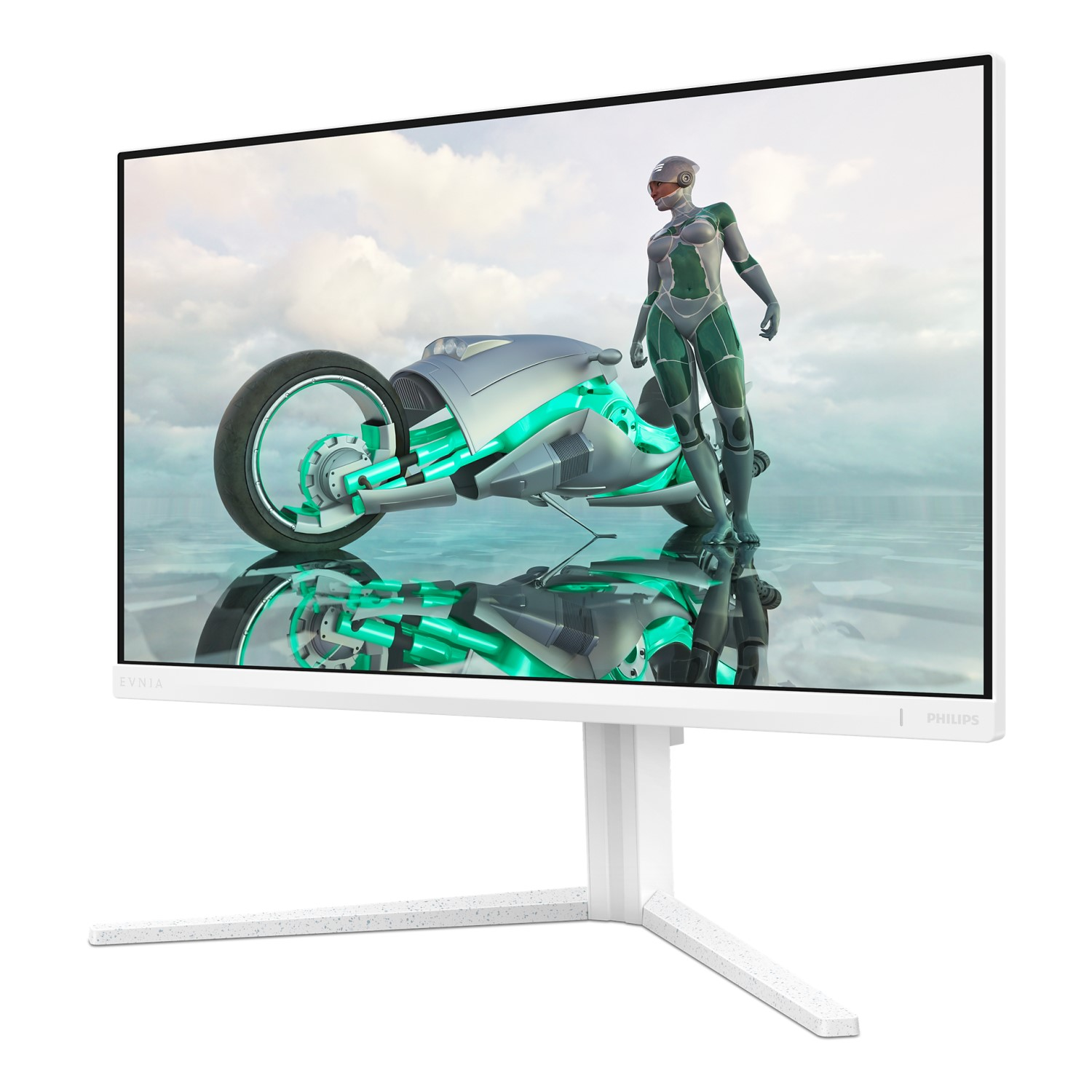 Weißer Computermonitor zeigt futuristische Szene. Bild einer Frau auf Motorrad.