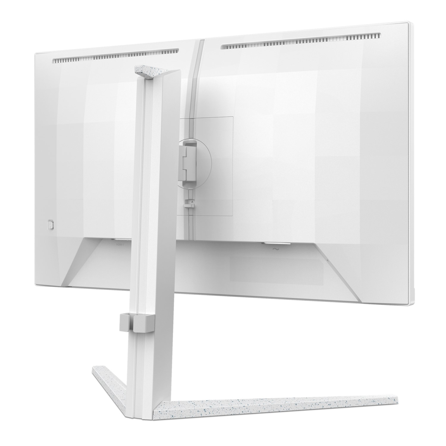 Die Rückseite eines weißen Computermonitors mit Ständer, isoliert auf Weiß.