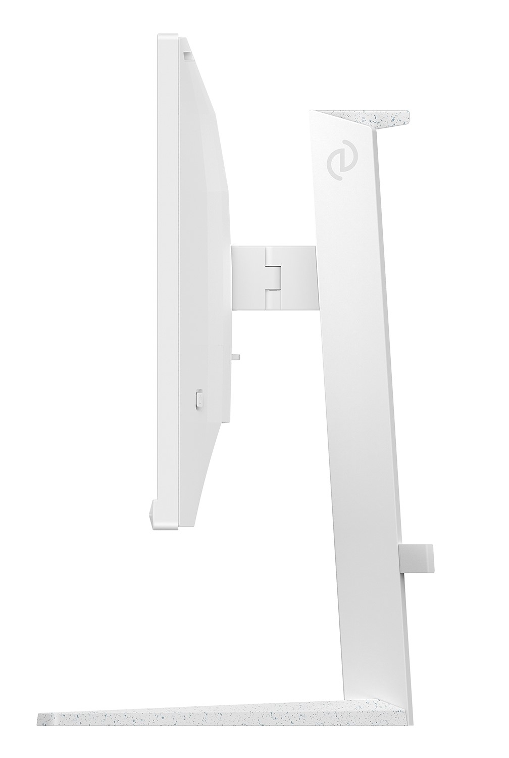 Weißer Computermonitor, Seitenansicht, mit Ständer und einem schlichten, sauberen Design.