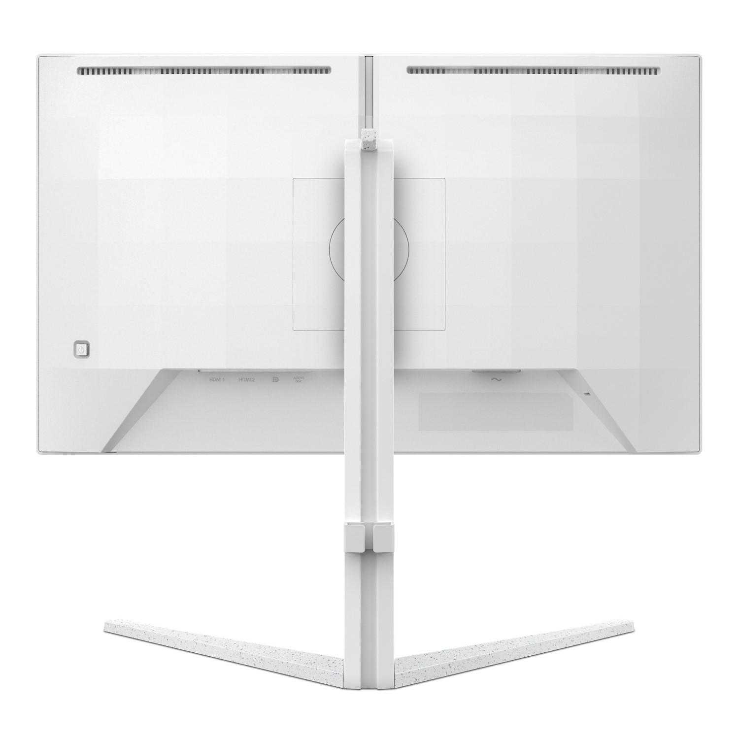 Rückseite eines weißen Computermonitors mit weißem Ständer. Der Ständer hat ein einzigartiges Design.