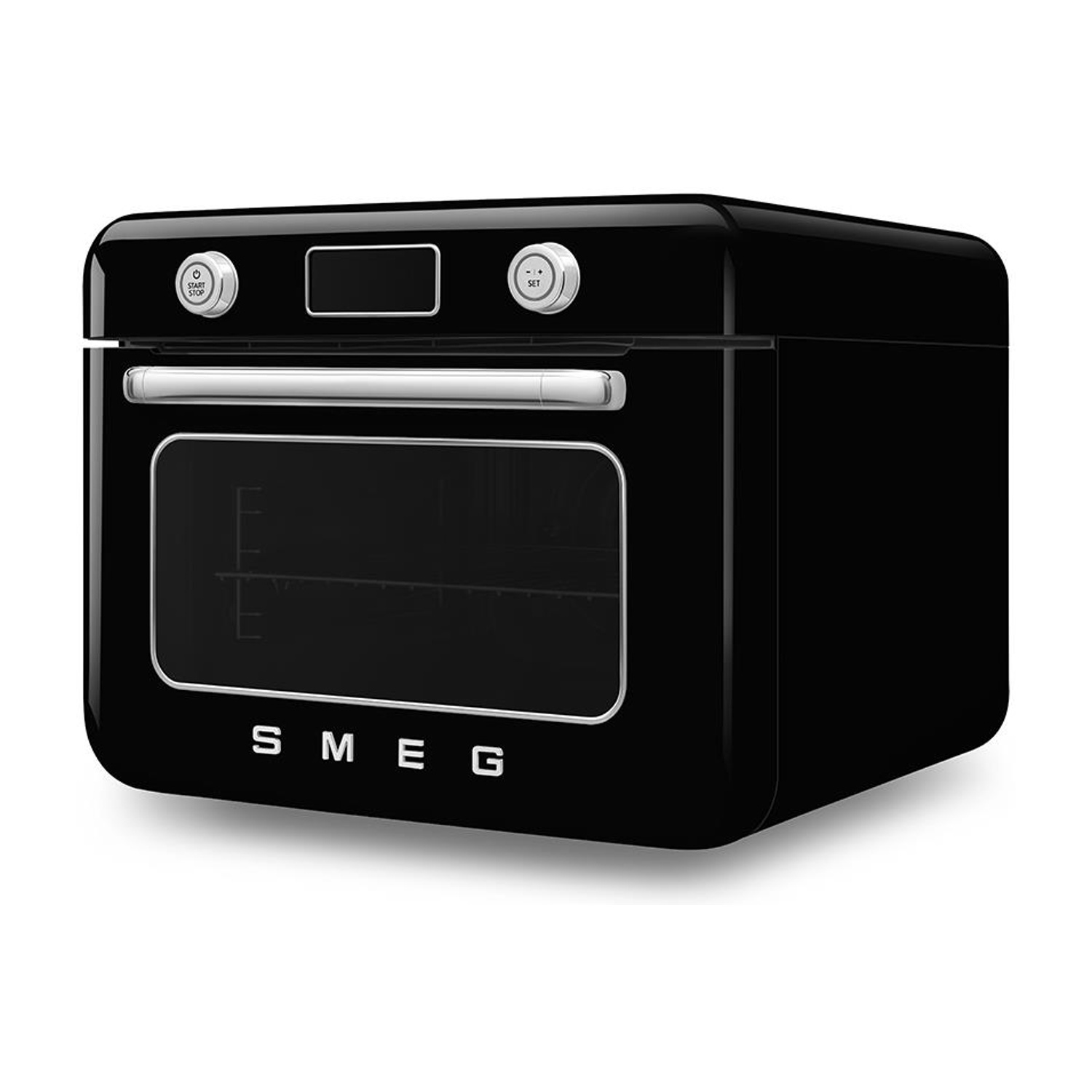 Forno SMEG nero con porta a vetro, due manopole e il logo SMEG.