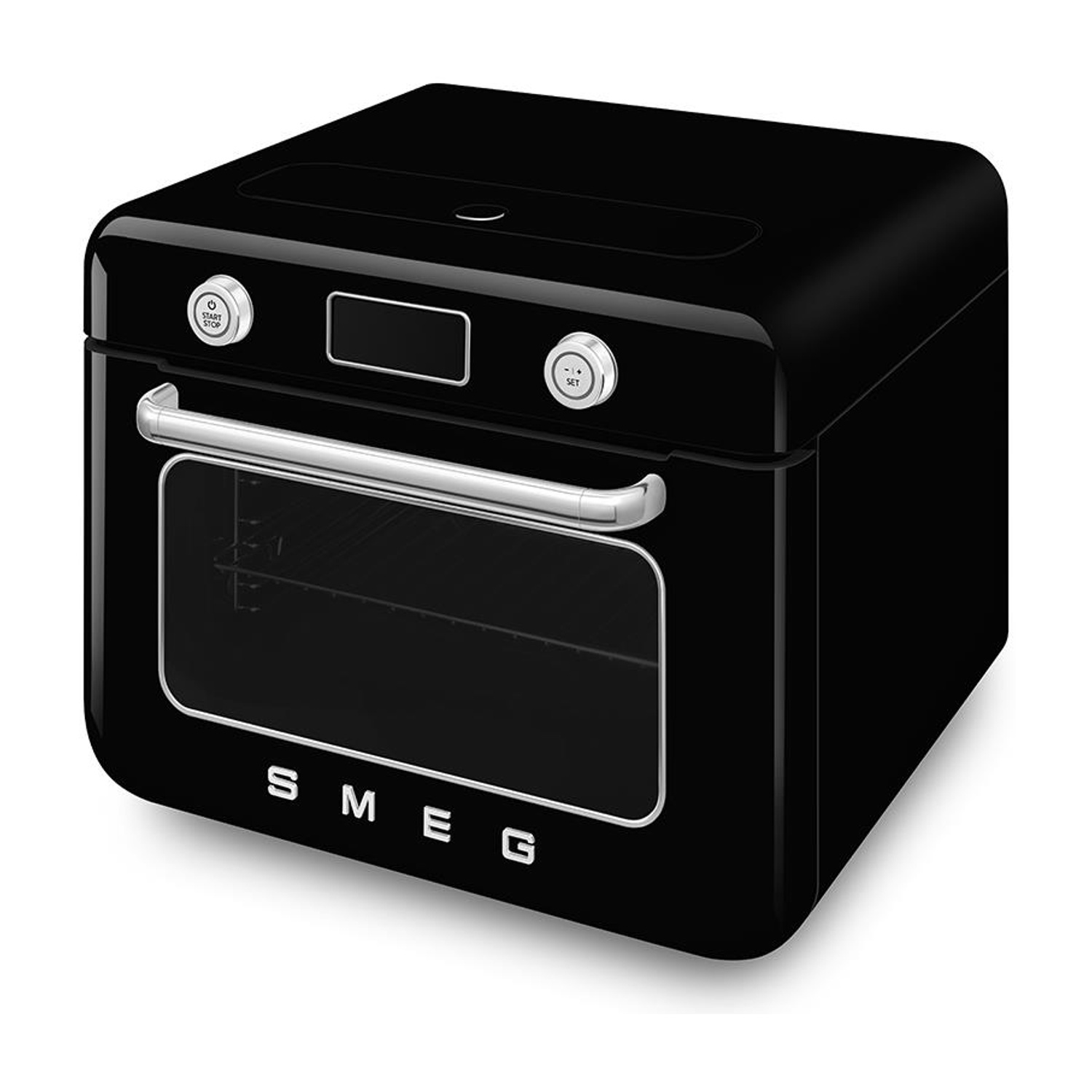 Forno SMEG nero. Ha un display digitale e comandi sulla parte anteriore. Sfondo bianco.