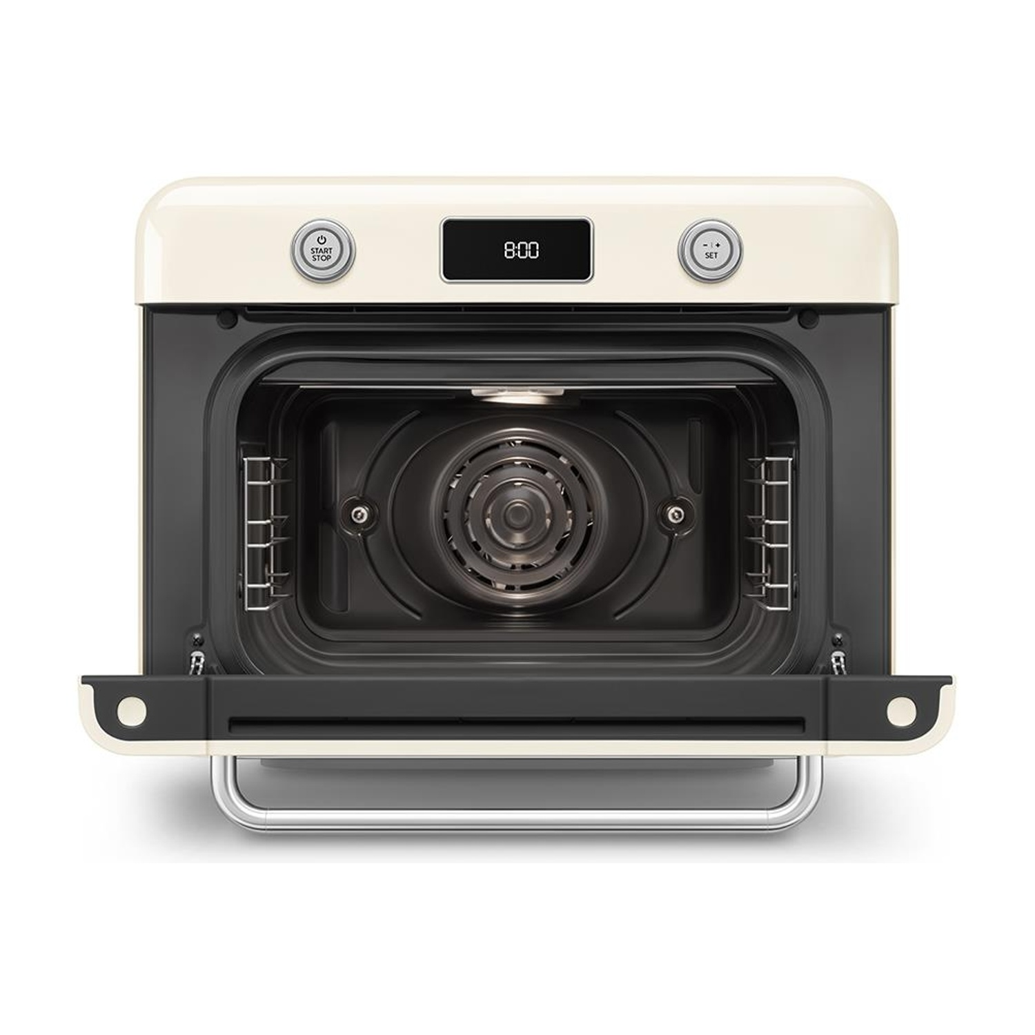 Un forno aperto con display digitale e griglie metalliche all'interno. È un elettrodomestico color crema in stile retrò.