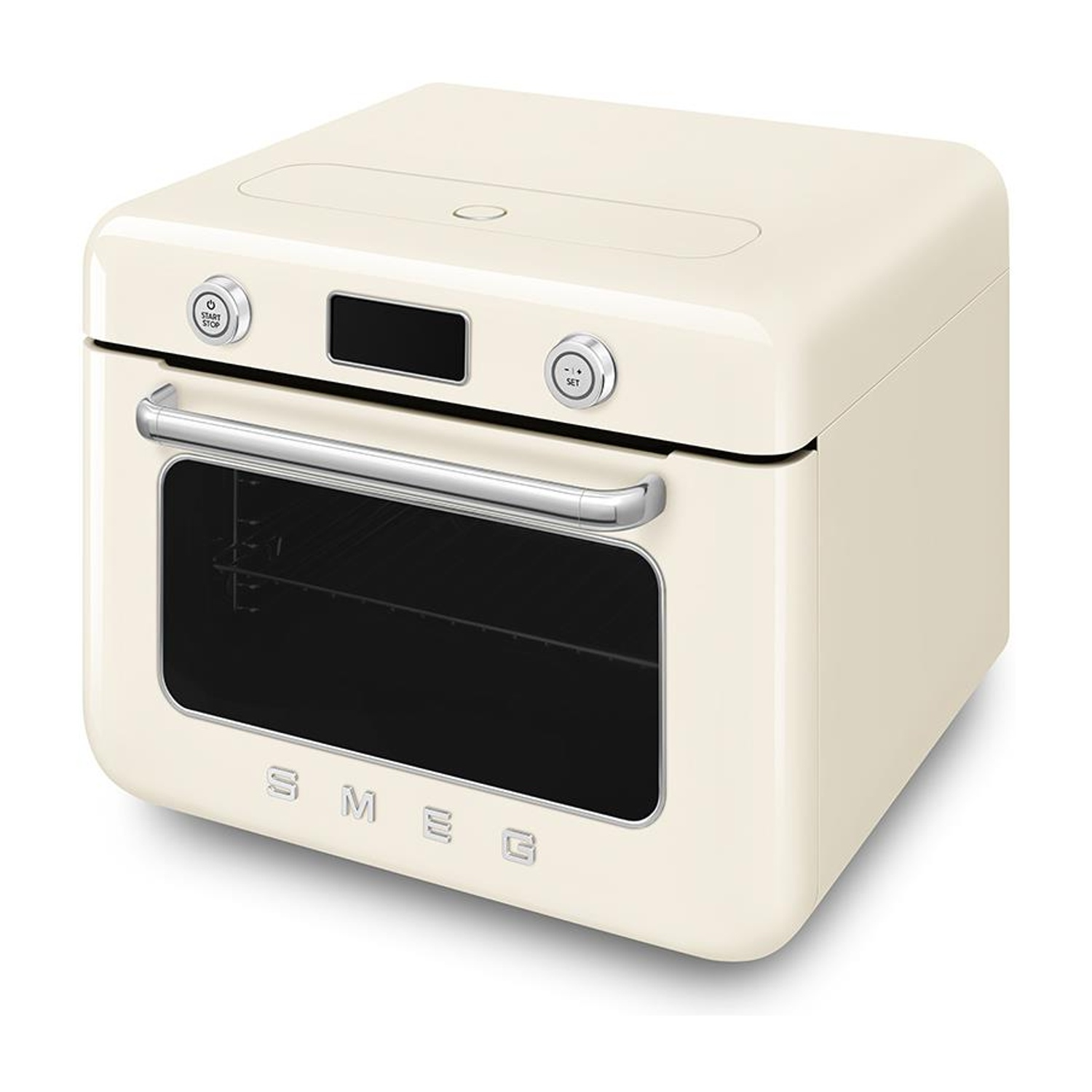 Un forno bianco in stile retrò con porta in vetro scuro e maniglia argentata.