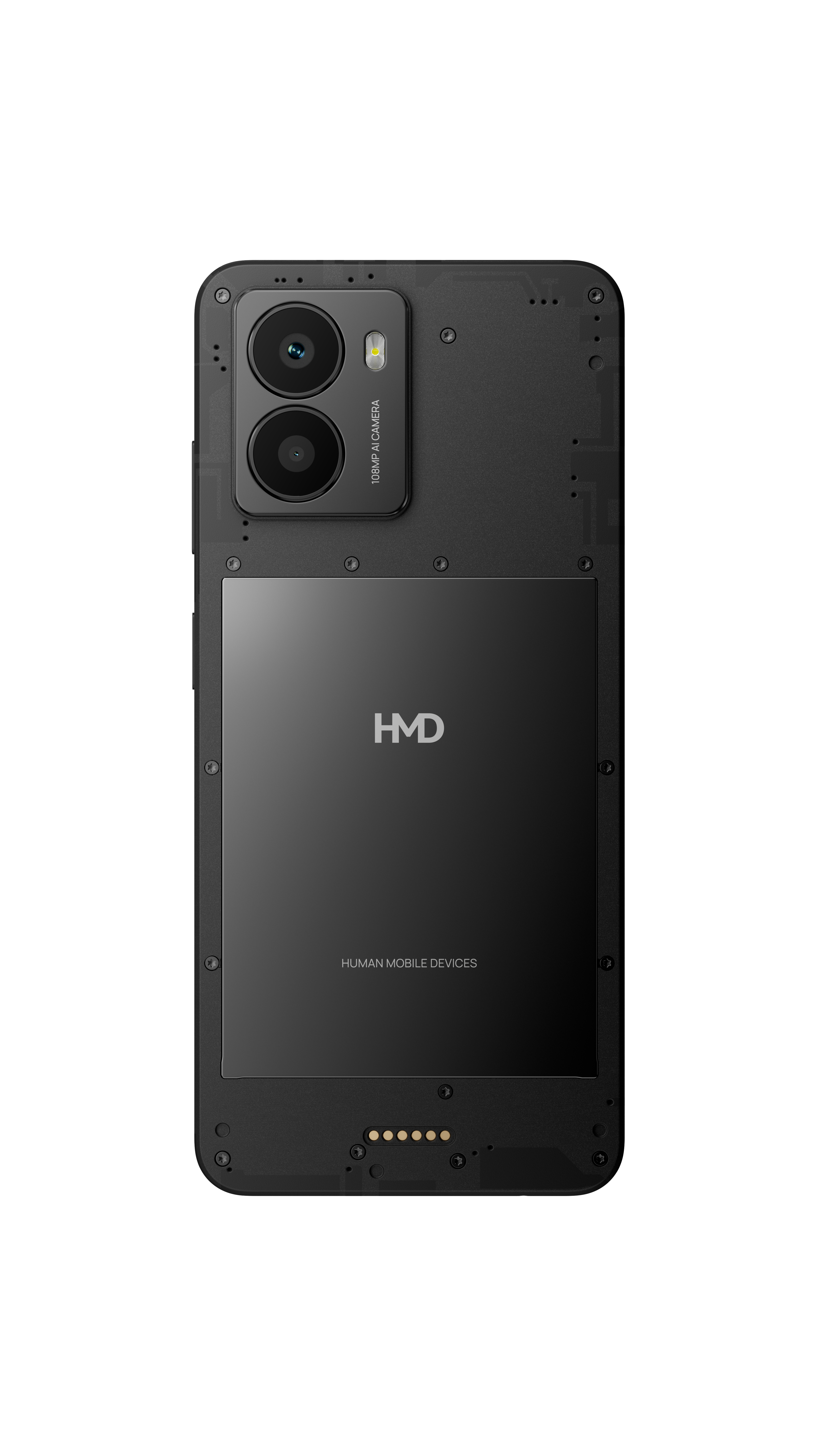 Rückseite eines schwarzen Smartphones mit Dual-Objektiv-Kamera und HMD-Logo.
