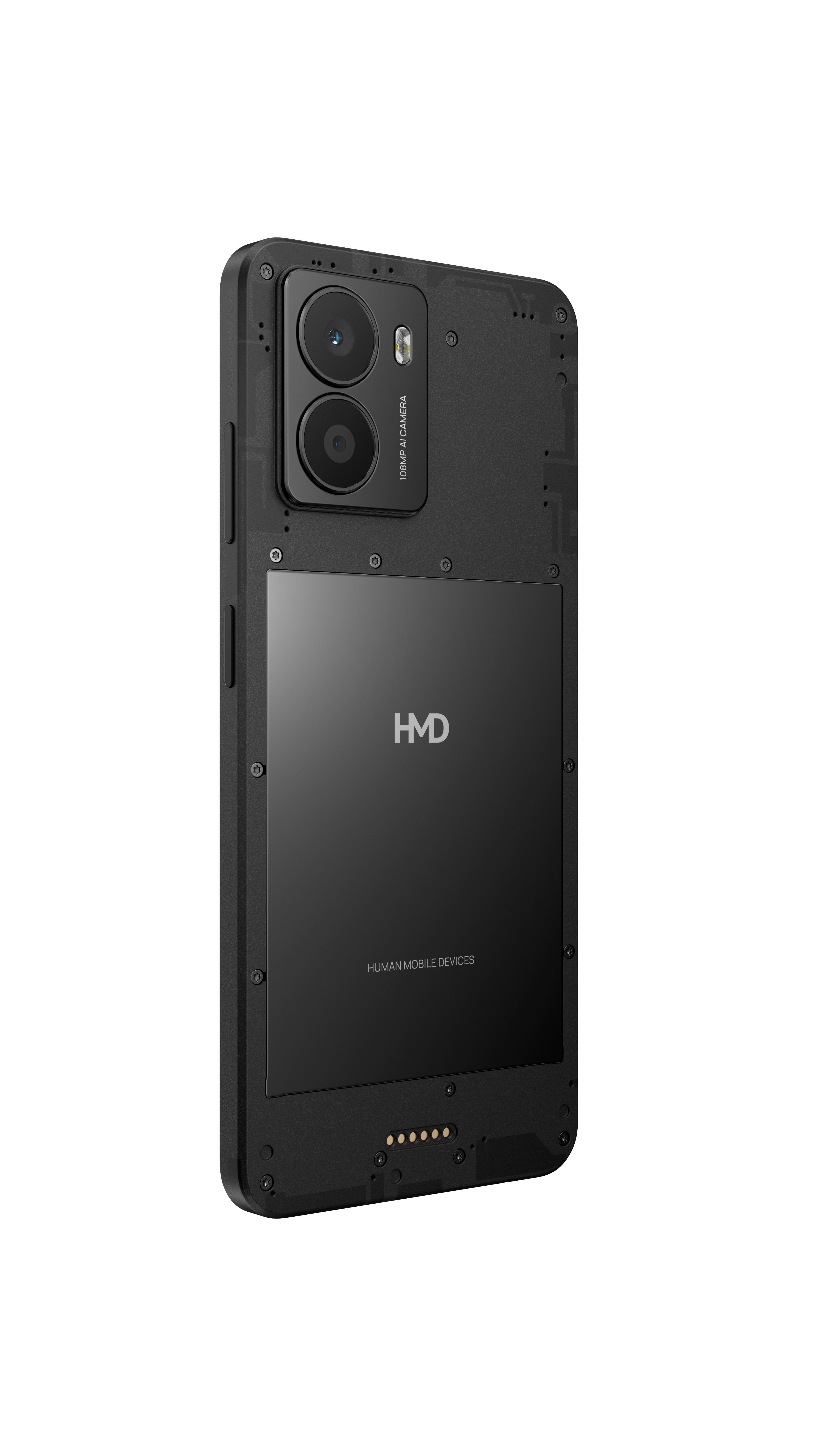 Schwarze Smartphone-Rückseite mit Kameramodul und HMD-Logo, isoliert.