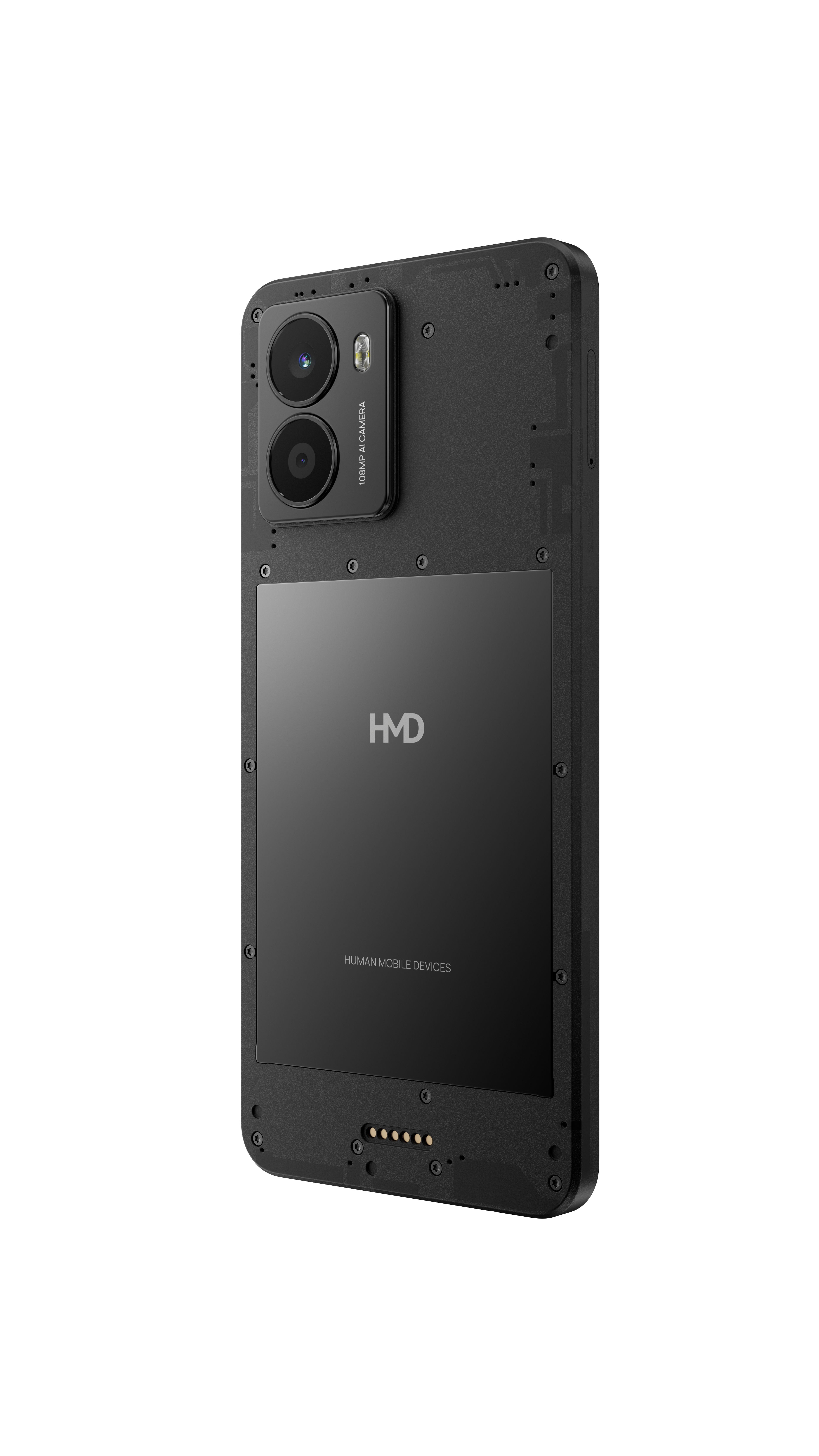 Schwarzes Telefon, Dual-Kamera, grauer Rahmen. Rückseite mit HMD-Logo.