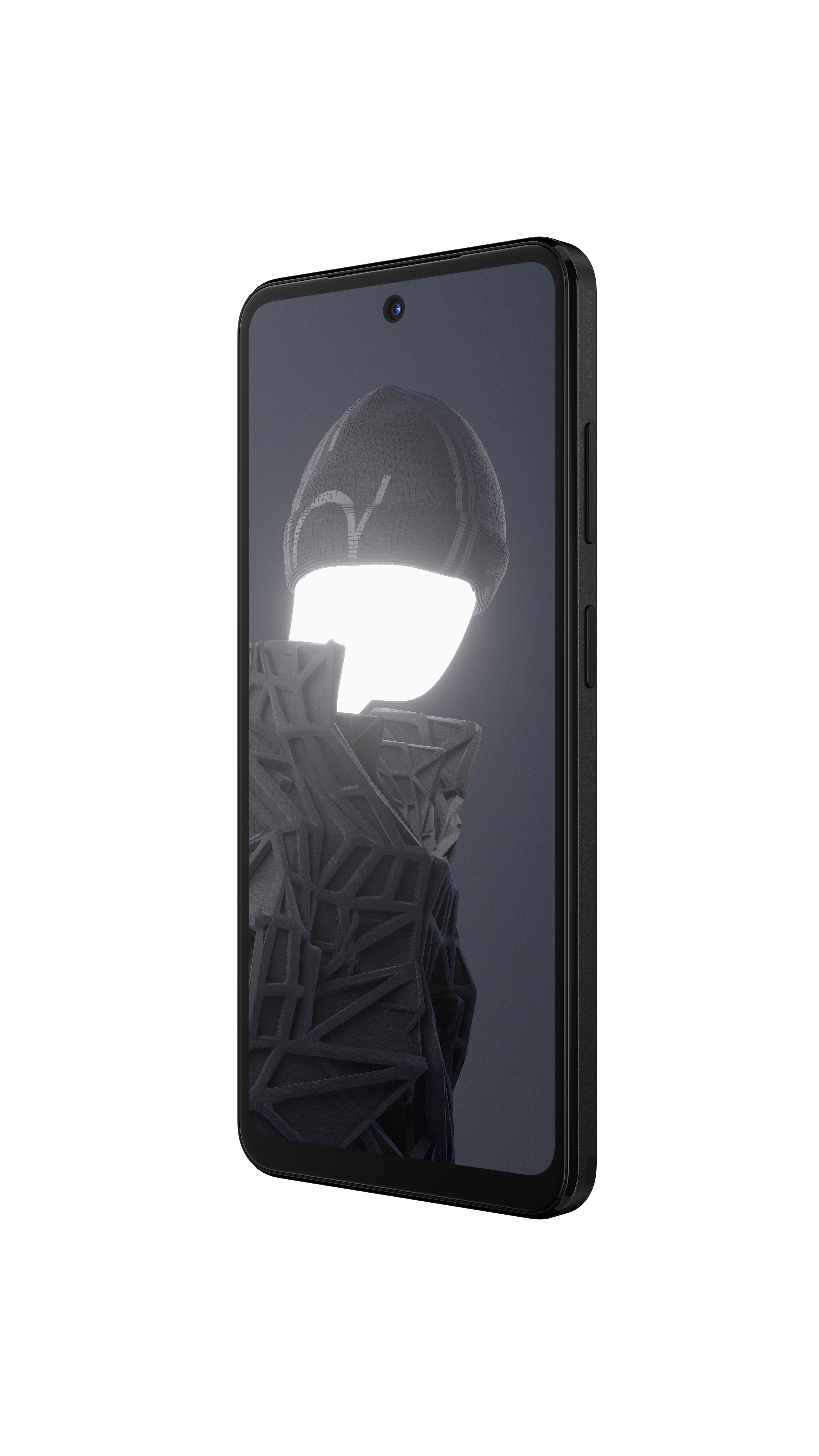 Schwarzes Smartphone mit weiß beleuchteter Figur auf dem Bildschirm.