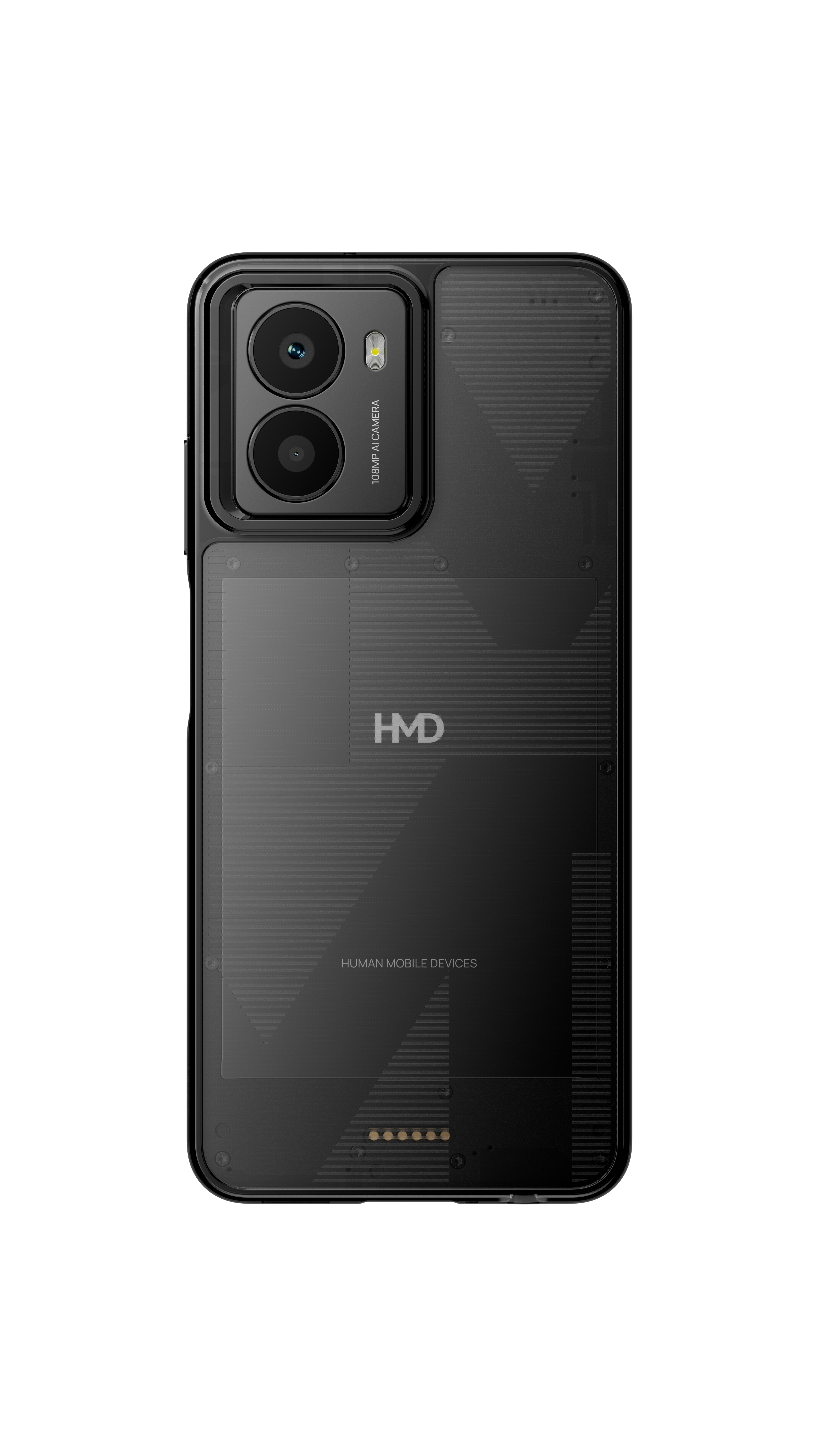 Schwarze Telefonrückseite, Kameras und HMD-Text.