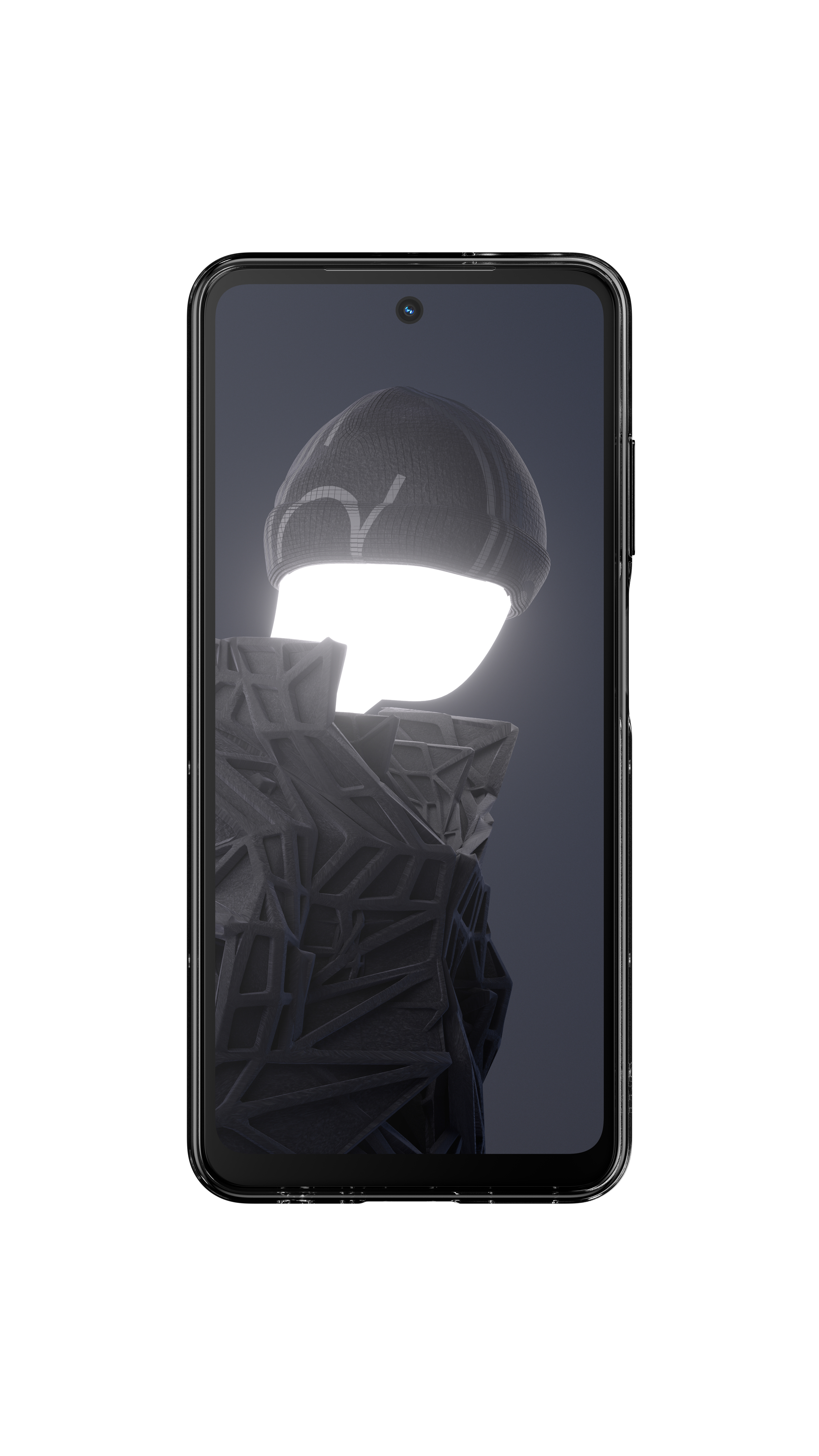 Smartphone mit futuristischer Figur auf dem Bildschirm. Dunkler Hintergrund.