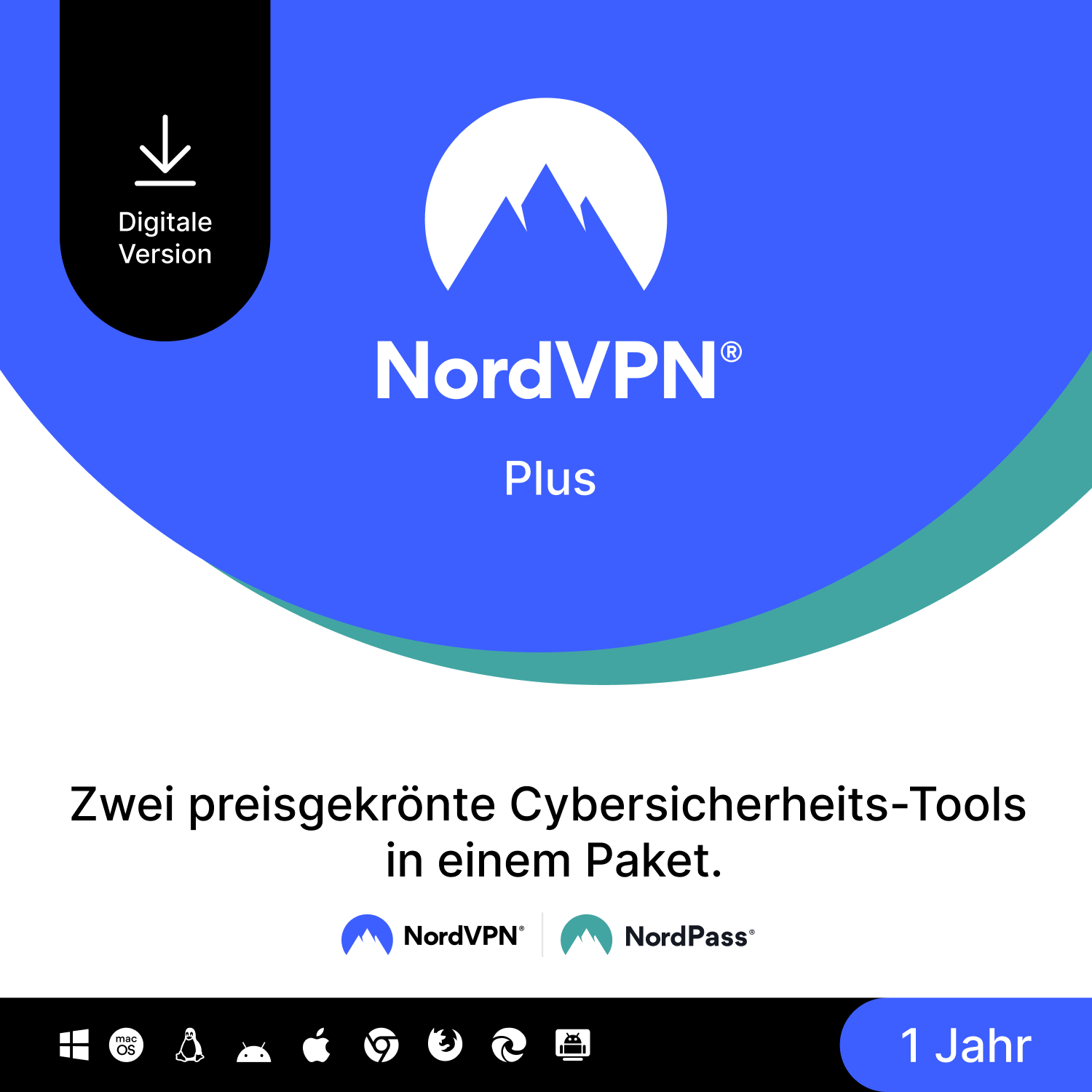 NordVPN Plus Werbung mit Logo und Text, blau-weißer Hintergrund.