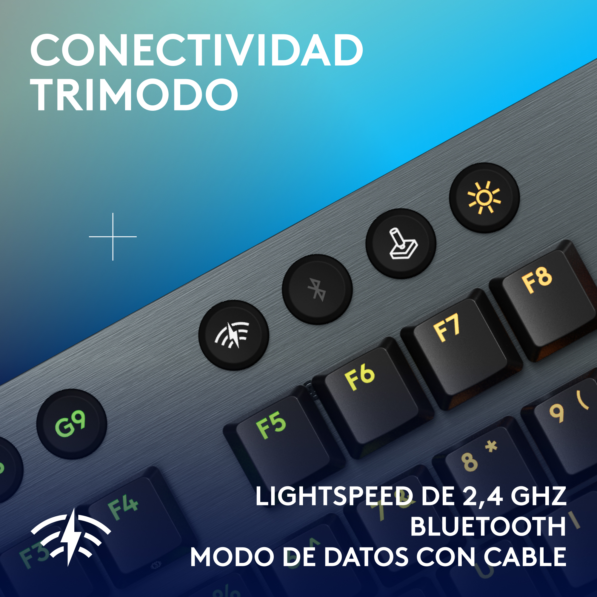 Primer plano de un teclado con teclas de función y un símbolo inalámbrico. Texto: Conectividad Trímodo.