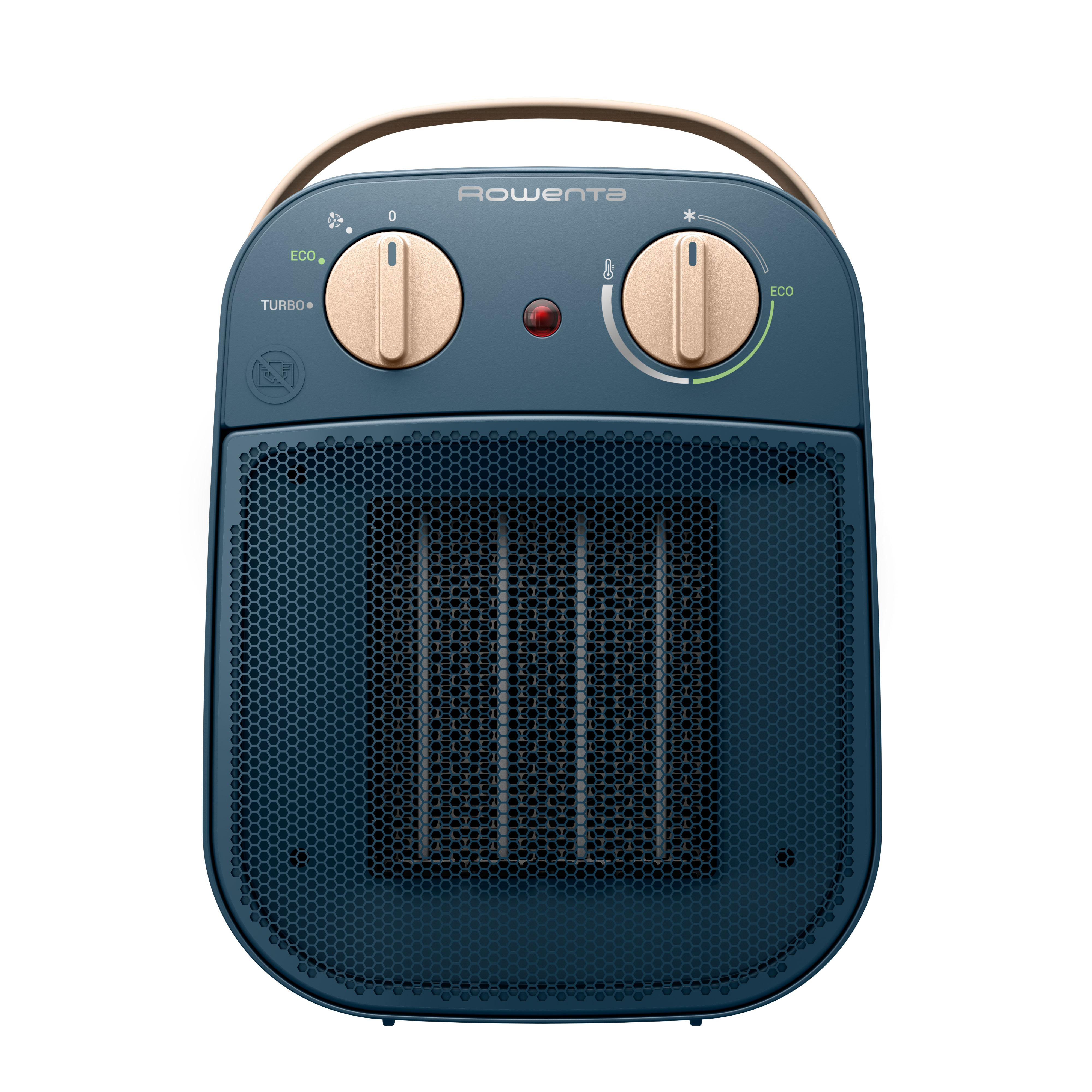Blauer Elektroheizer mit goldenen Knöpfen. Schwarze Gitterfront.