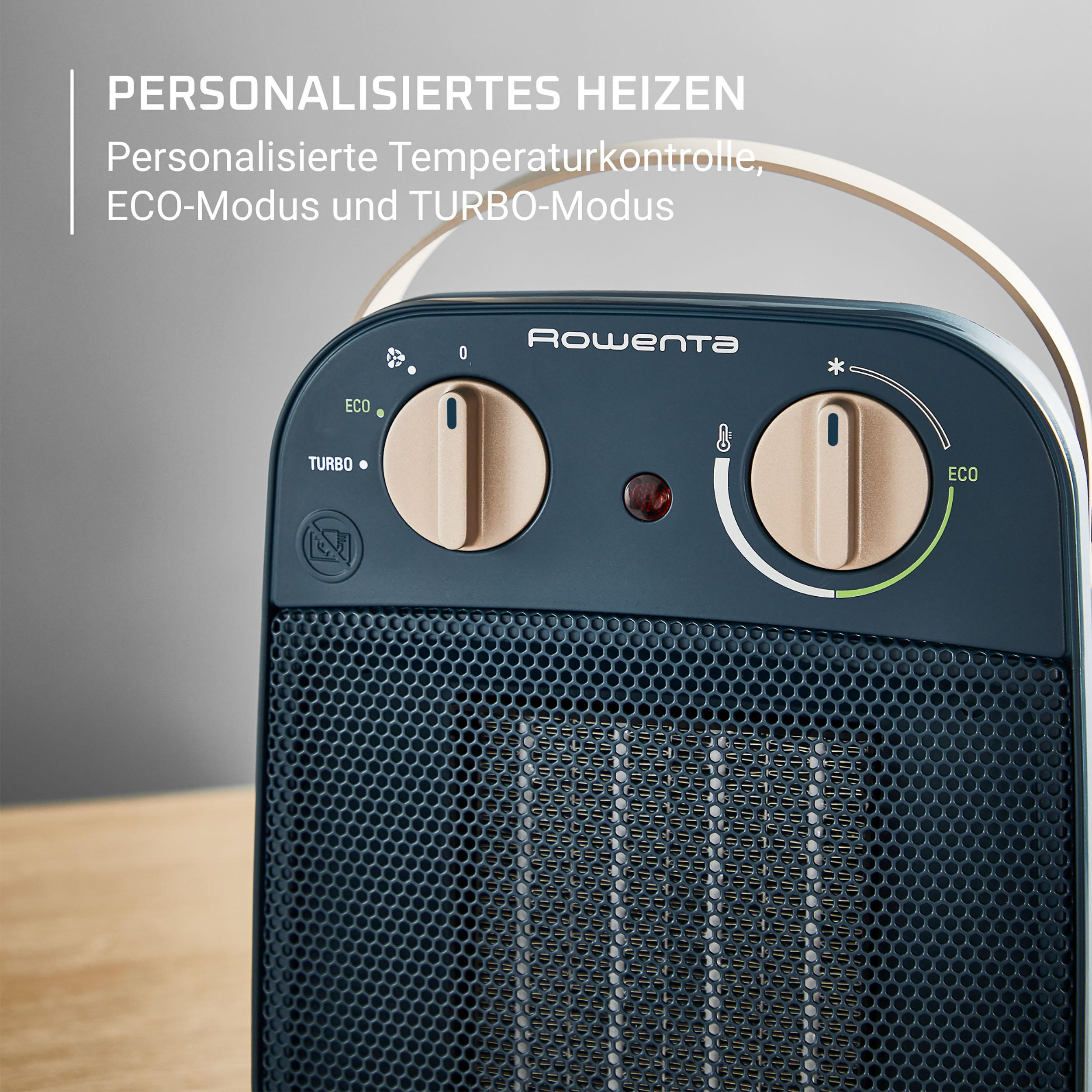 Ein schwarzer und beiger Rowenta-Heizlüfter mit Bedienelementen. Der Heizlüfter hat eine Gitterfront und einen Griff oben.