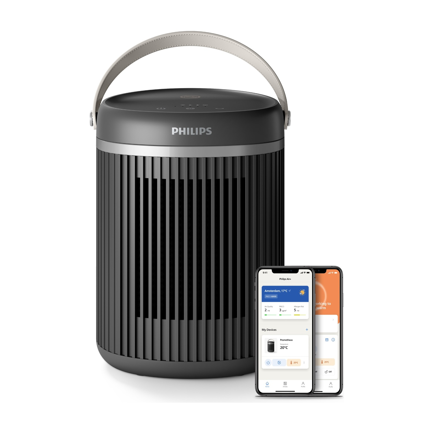 Un purificatore d'aria cilindrico nero e grigio con manico. Due telefoni mostrano interfacce app.