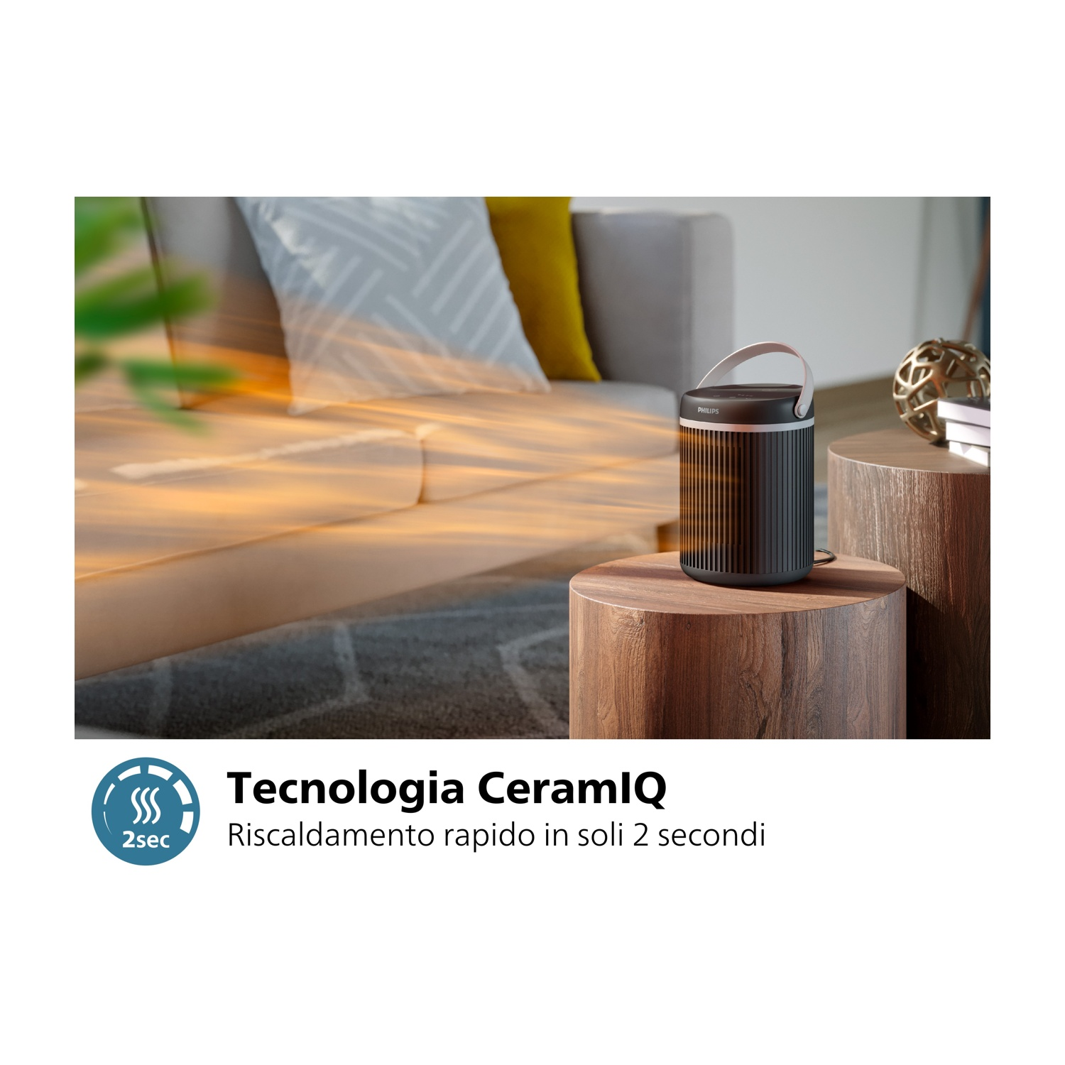 Riscaldatore nero e marrone su un tavolo. Testo: Tecnologia ceramica. Riscaldamento in 2 secondi.
