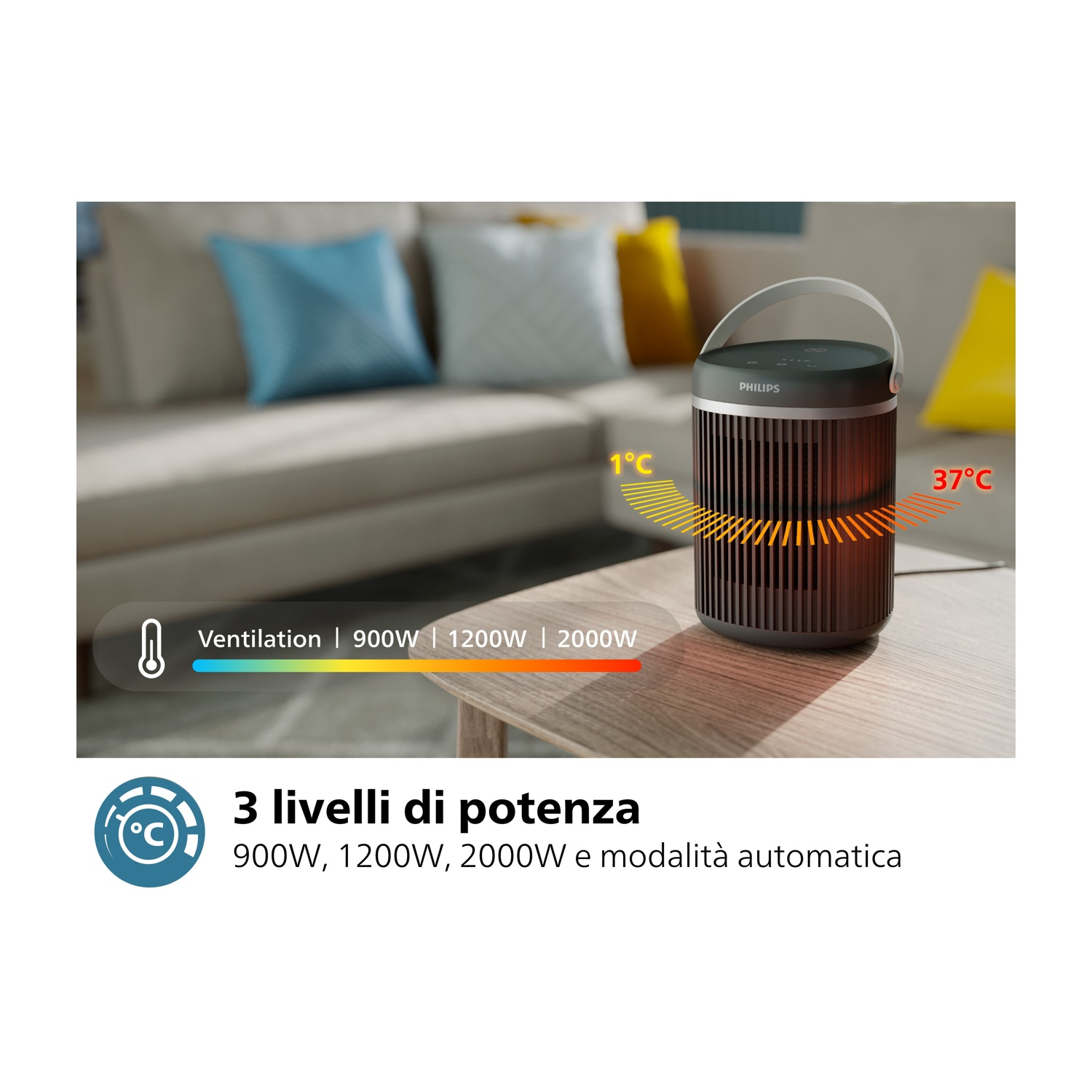 Un termoventilatore nero e marrone con maniglia e display della temperatura su un tavolo di legno.