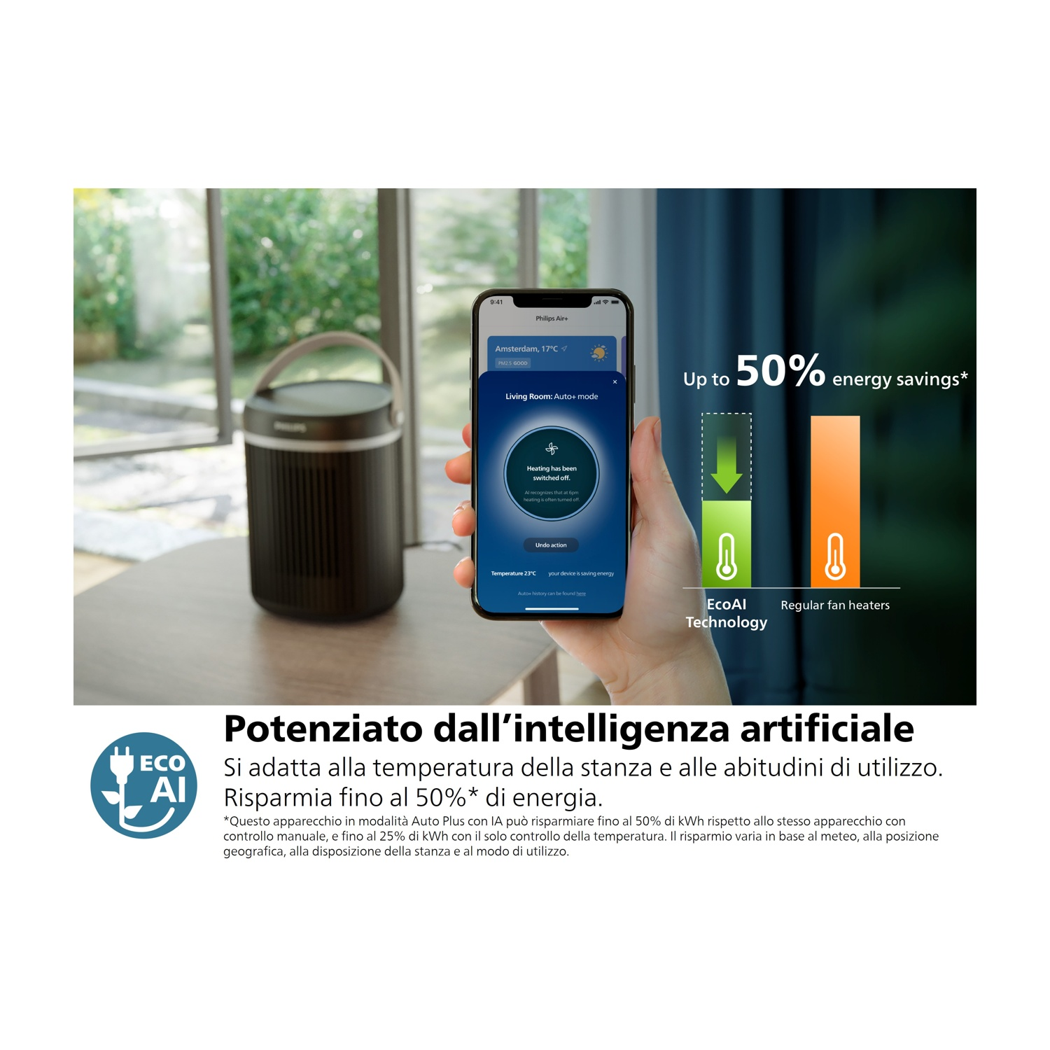 Un purificatore d'aria nero con uno schermo che mostra un'interfaccia smart home.