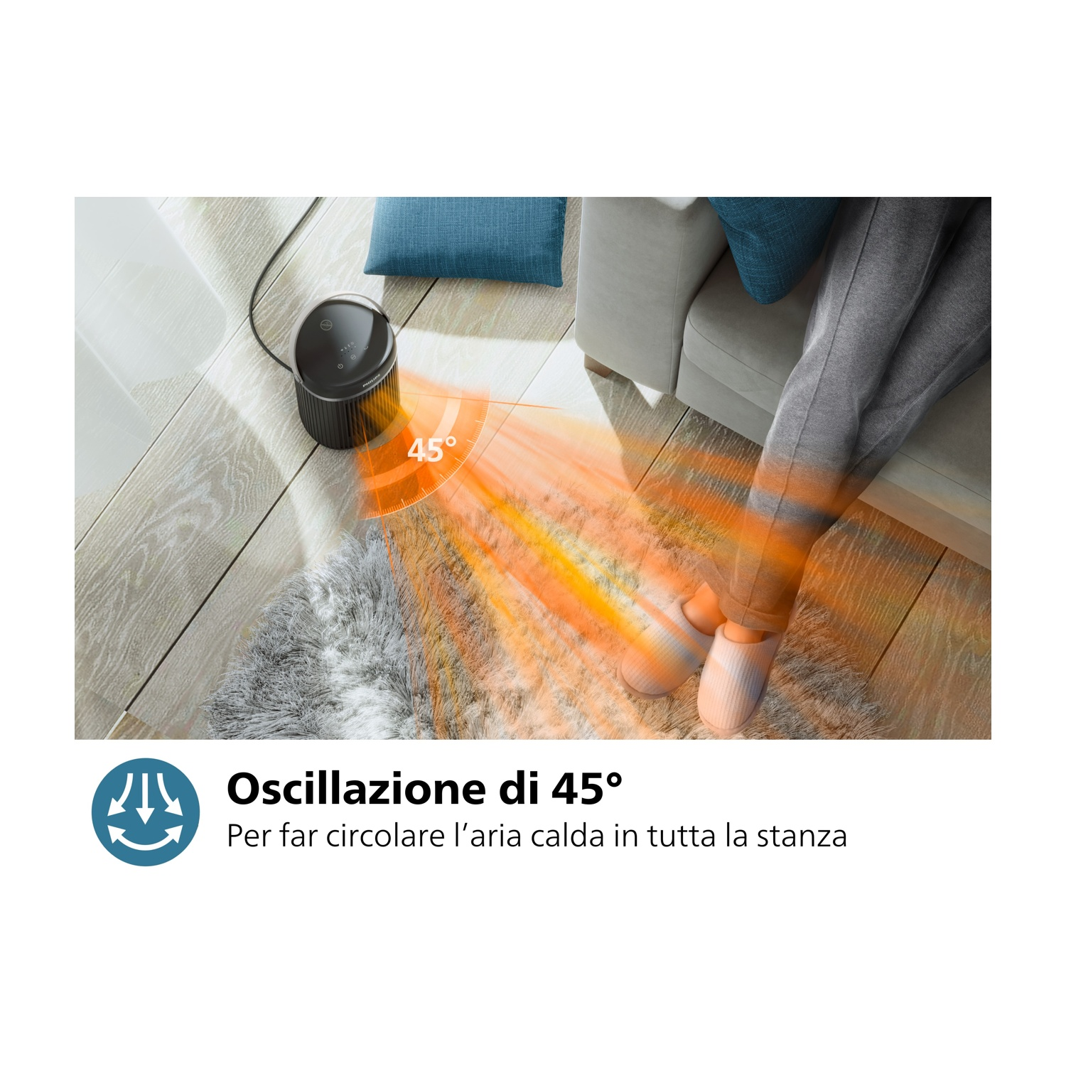 Un termoventilatore con i piedi di una persona su un tappeto. Il testo indica oscillazione di 45 gradi.