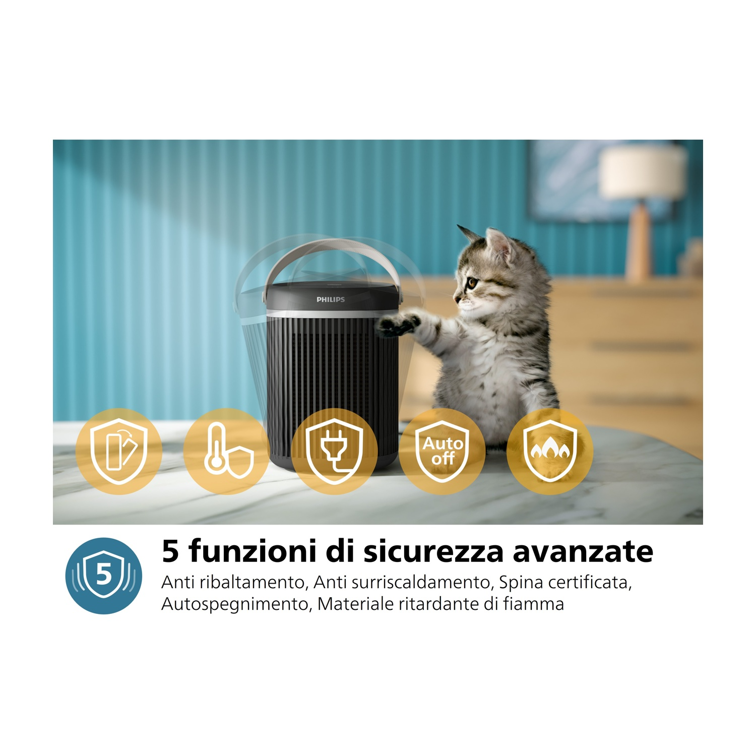 Un purificatore d'aria nero con un gattino che lo raggiunge. Icone di sicurezza in primo piano.