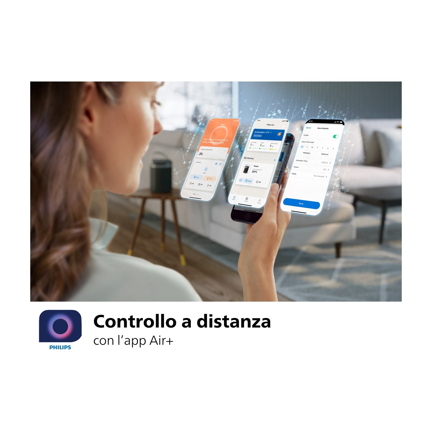 Donna che usa uno smartphone con tre schermate di app che mostrano opzioni di controllo remoto. Logo Philips.