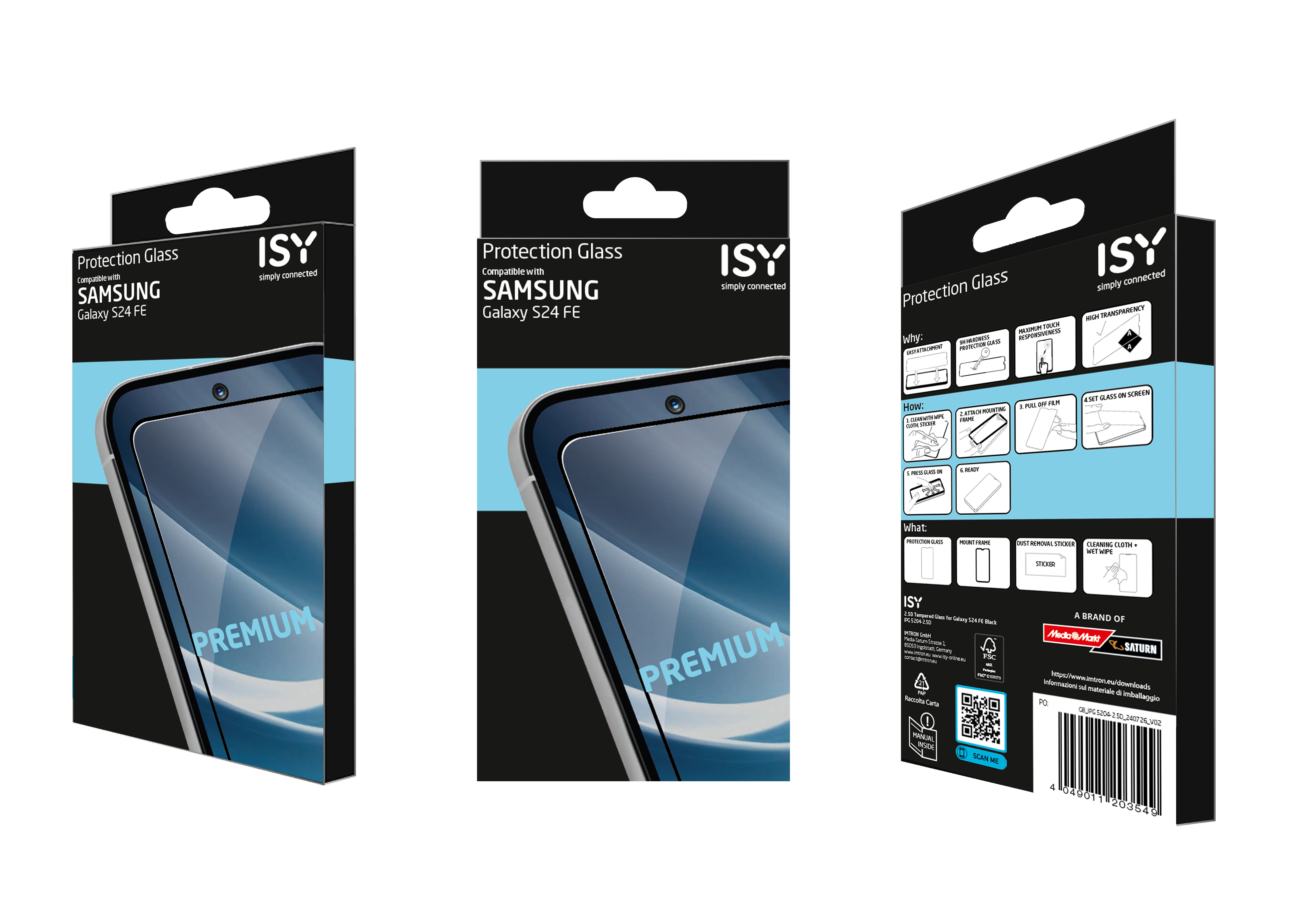 Drei schwarze und blaue Handyhüllenverpackungen. Die Handyhülle ist für Samsung Galaxy S24 FE.