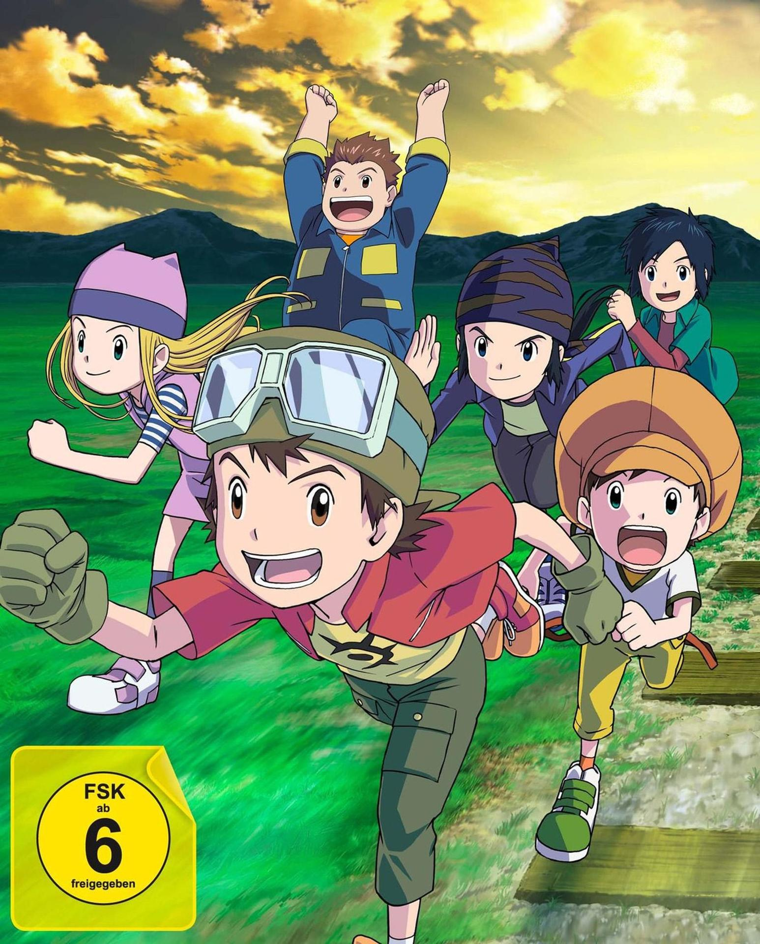 Digimon-Cartoon-Cover mit sechs Kindern, die auf einem grünen Feld rennen.